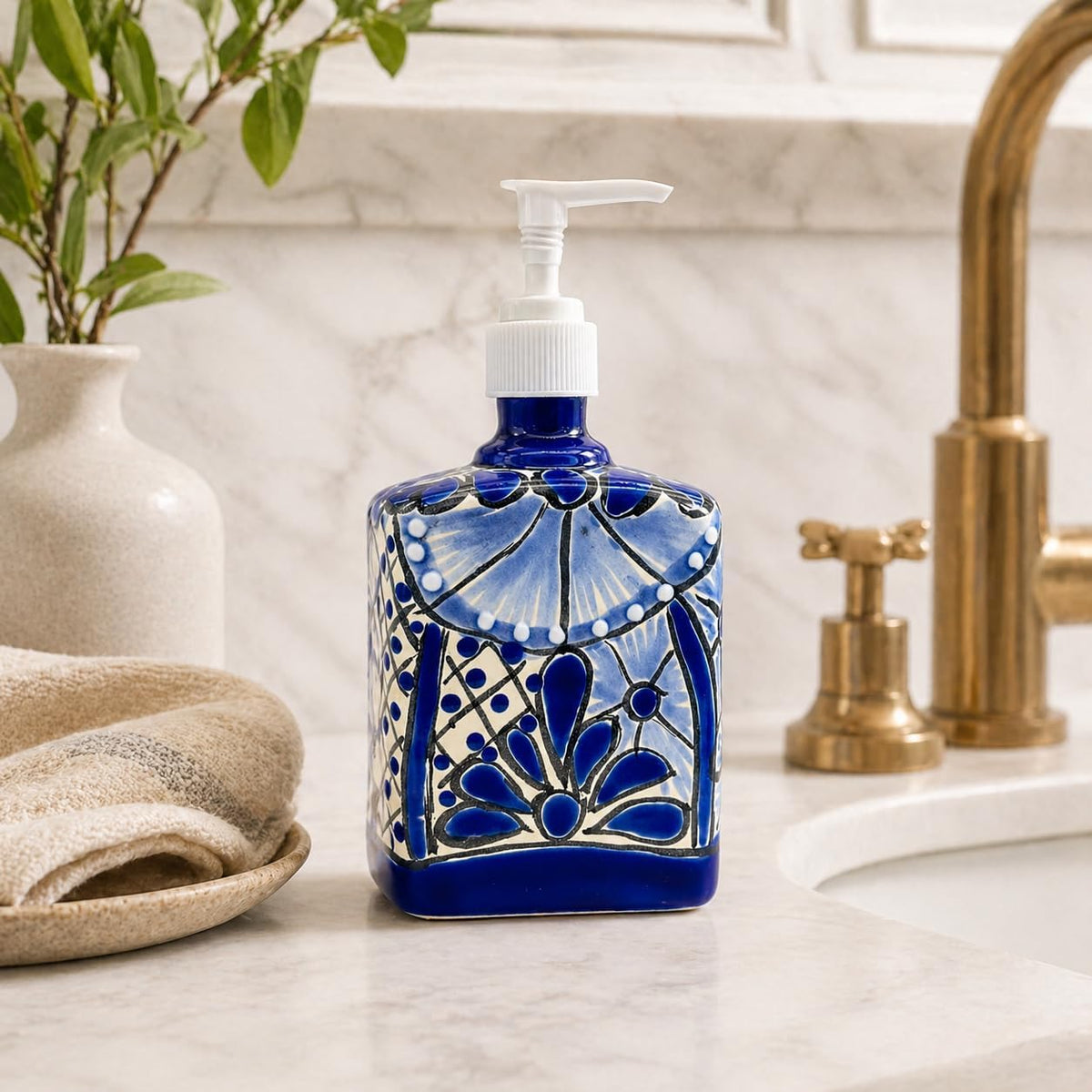 Talavera, Style Ceramic Soap & Lotion Dispenser, Blue and White — detail of the hand-painted pattern