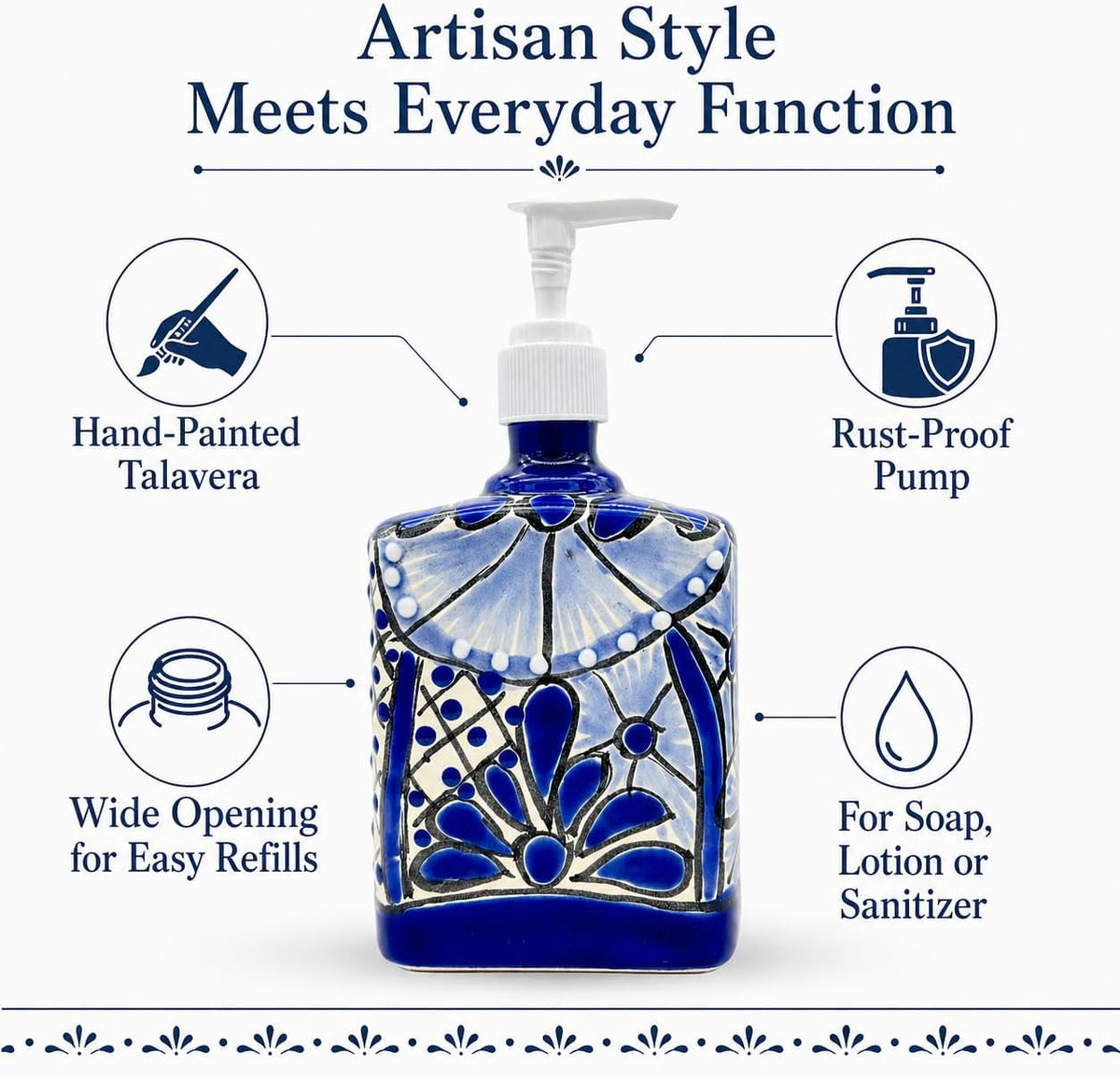 Talavera, Style Ceramic Soap & Lotion Dispenser, Blue and White — top view