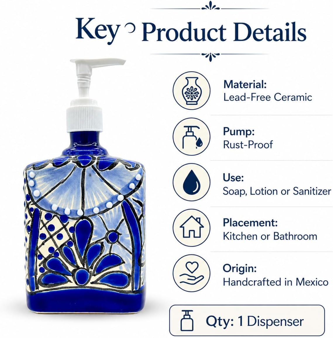 Talavera, Style Ceramic Soap & Lotion Dispenser, Blue and White — alternate angle