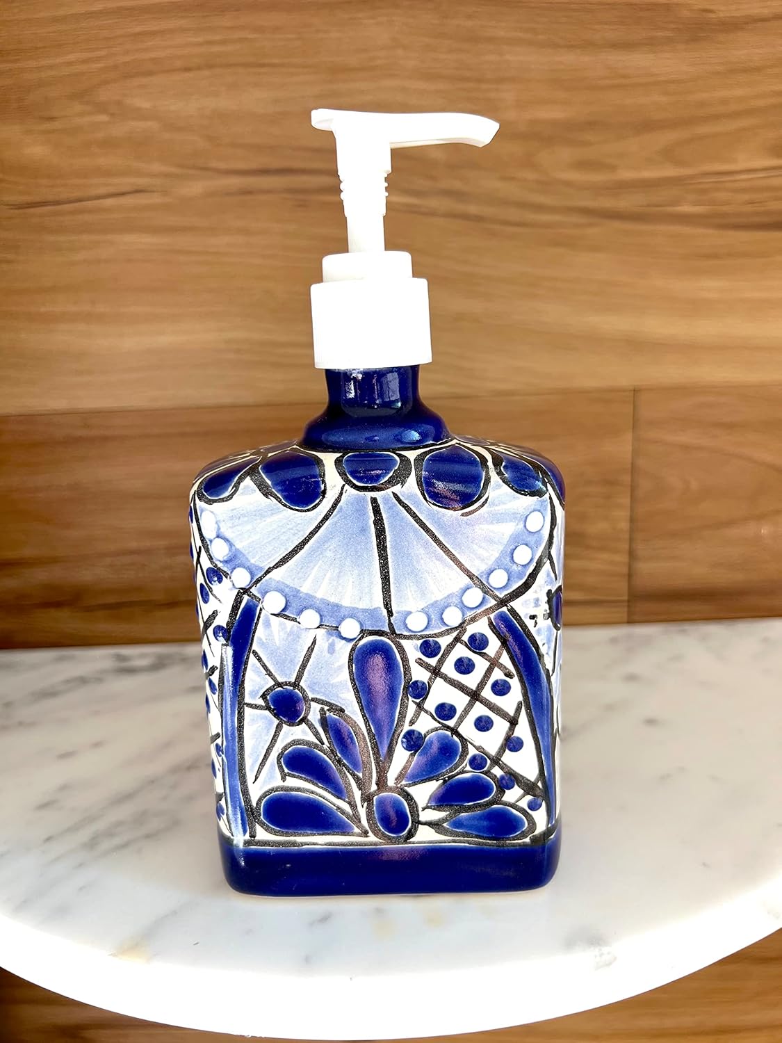 Talavera, Style Ceramic Soap & Lotion Dispenser, Blue and White — shown in use