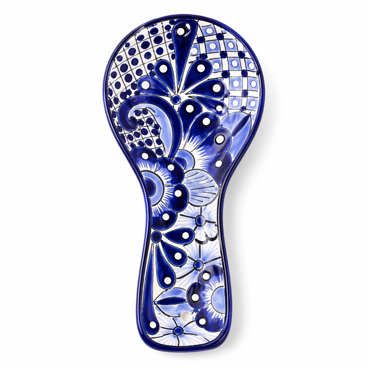 Blue and white Talavera-style ceramic spoon rest, hand-painted in Mexico — top view