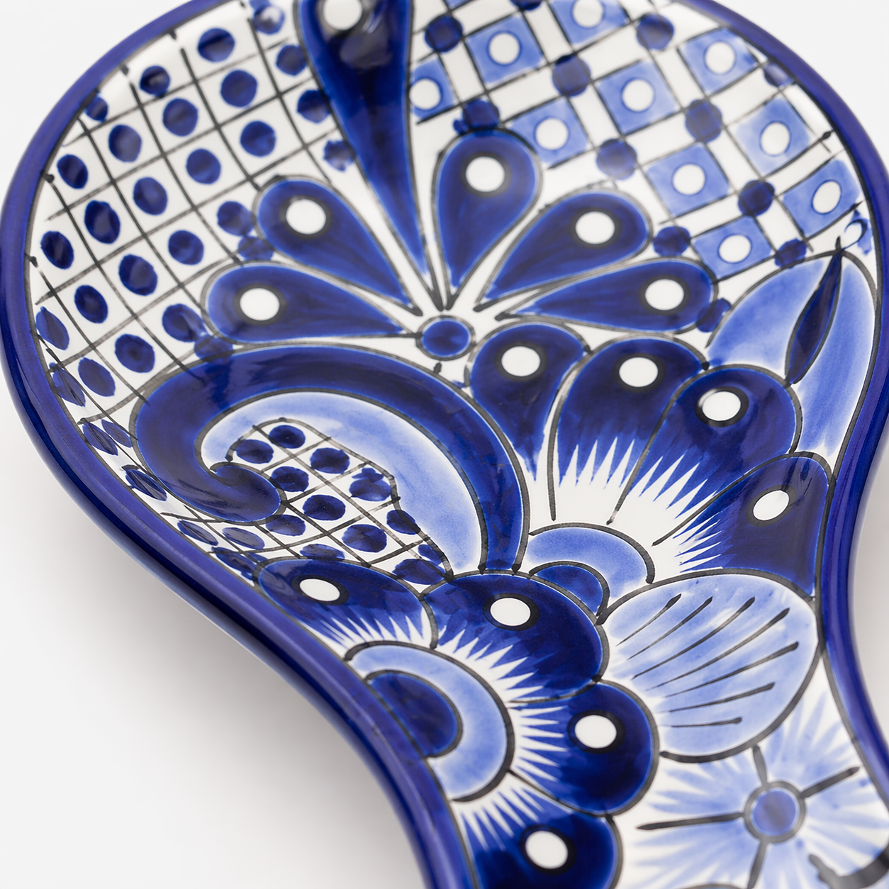 Blue and white Talavera-style ceramic spoon rest, hand-painted in Mexico — alternate view