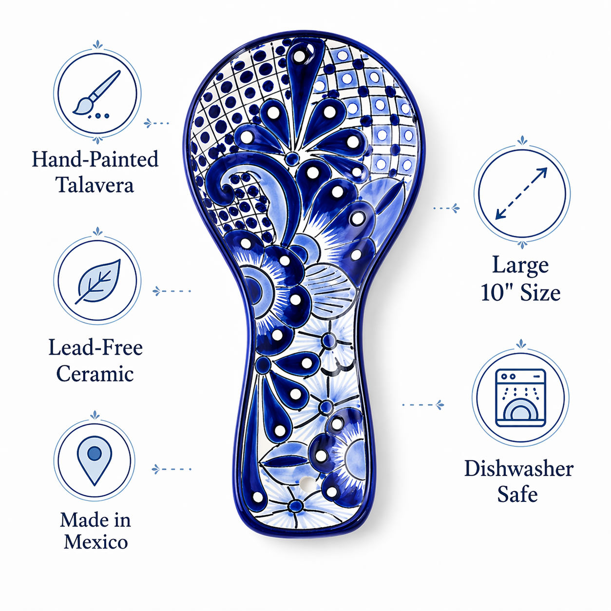 Blue and white Talavera-style ceramic spoon rest, hand-painted in Mexico — close-up
