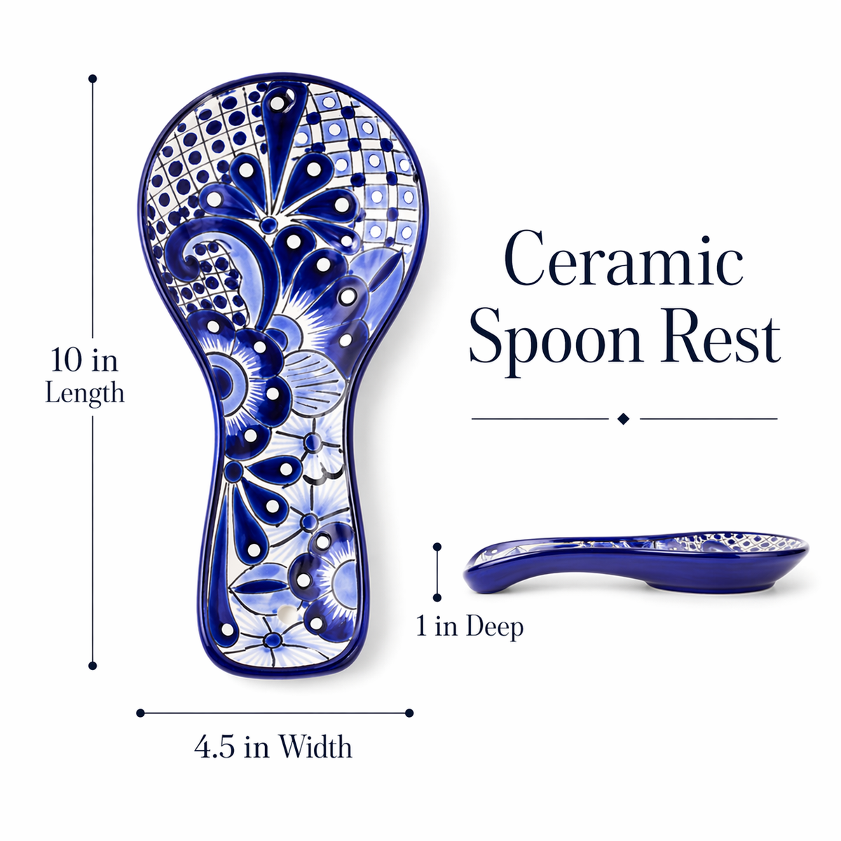 Blue and white Talavera-style ceramic spoon rest, hand-painted in Mexico — product view