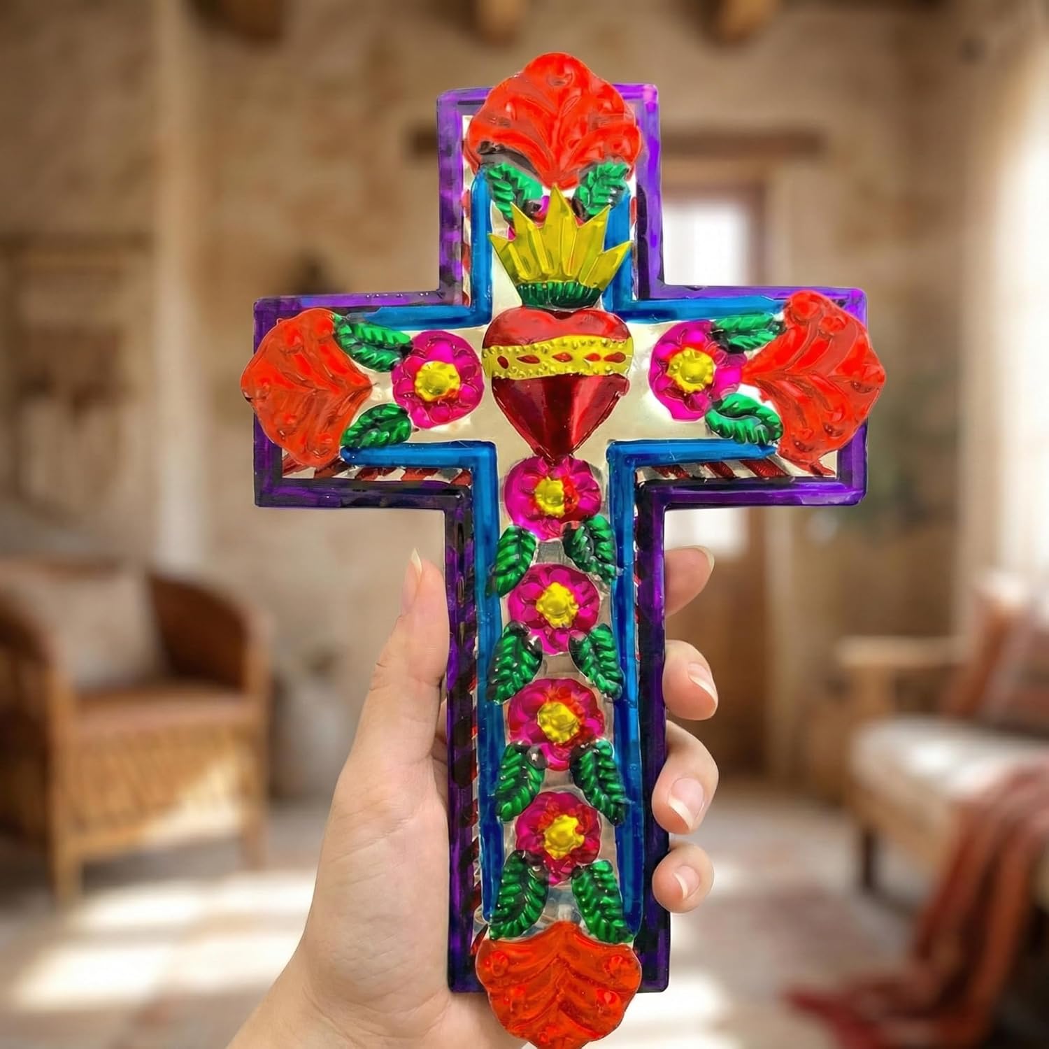 Embossed Tin Cross, Medium — angled view
