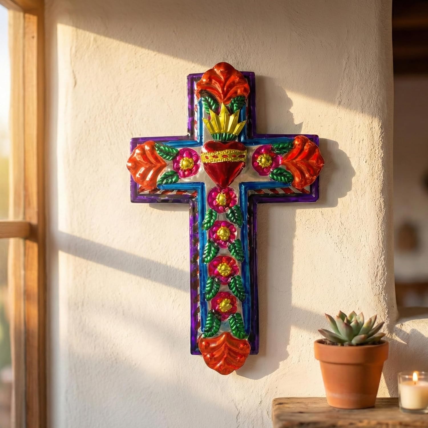 Embossed Tin Cross, Medium — shown in use