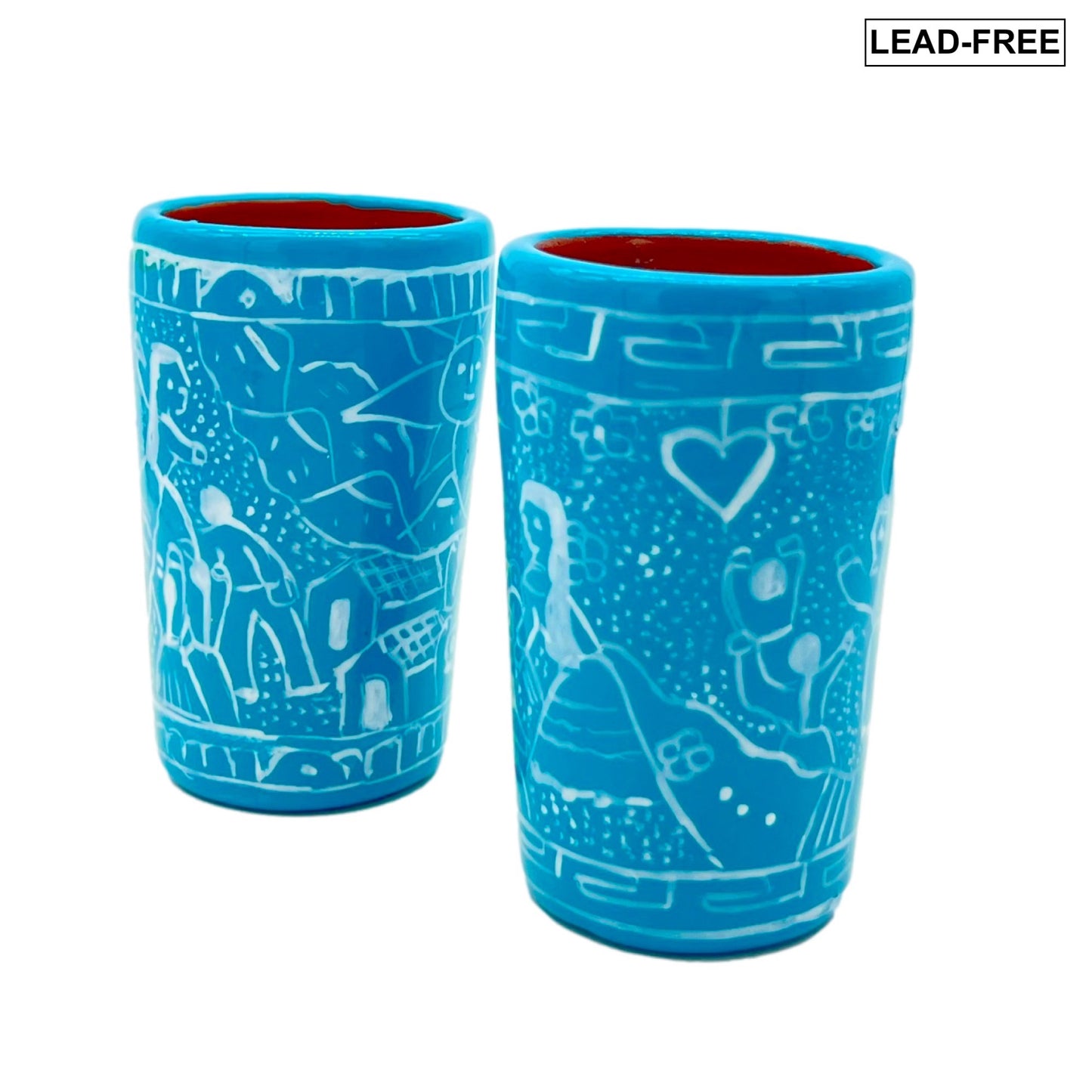 Turquoise ceramic shot glasses, individually hand-painted in Mexico, perfect for tequila, mezcal, or other spirits, pack of 2.