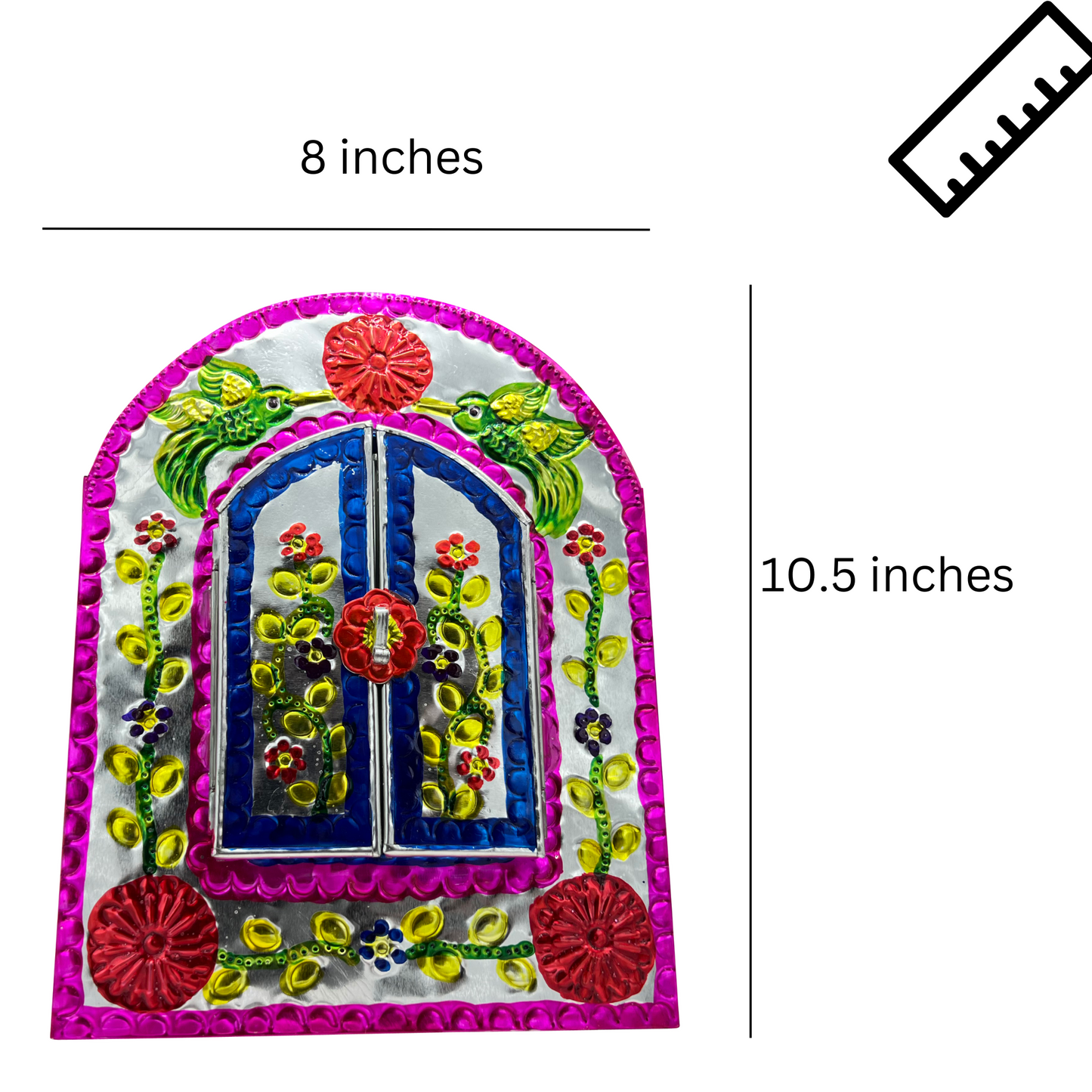 size of Handcrafted Embossed Tin Mirror, authentic Mexican folk art, perfect to add elegance and charm to any room.