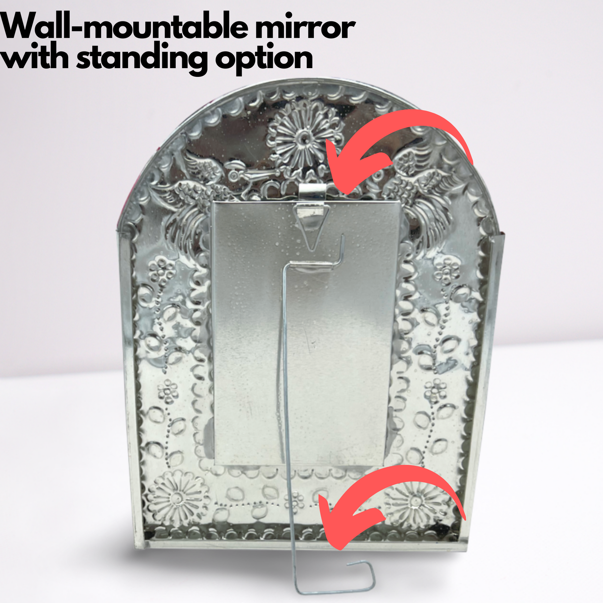 back of Handcrafted Embossed Tin Mirror, authentic Mexican folk art, perfect to add elegance and charm to any room.