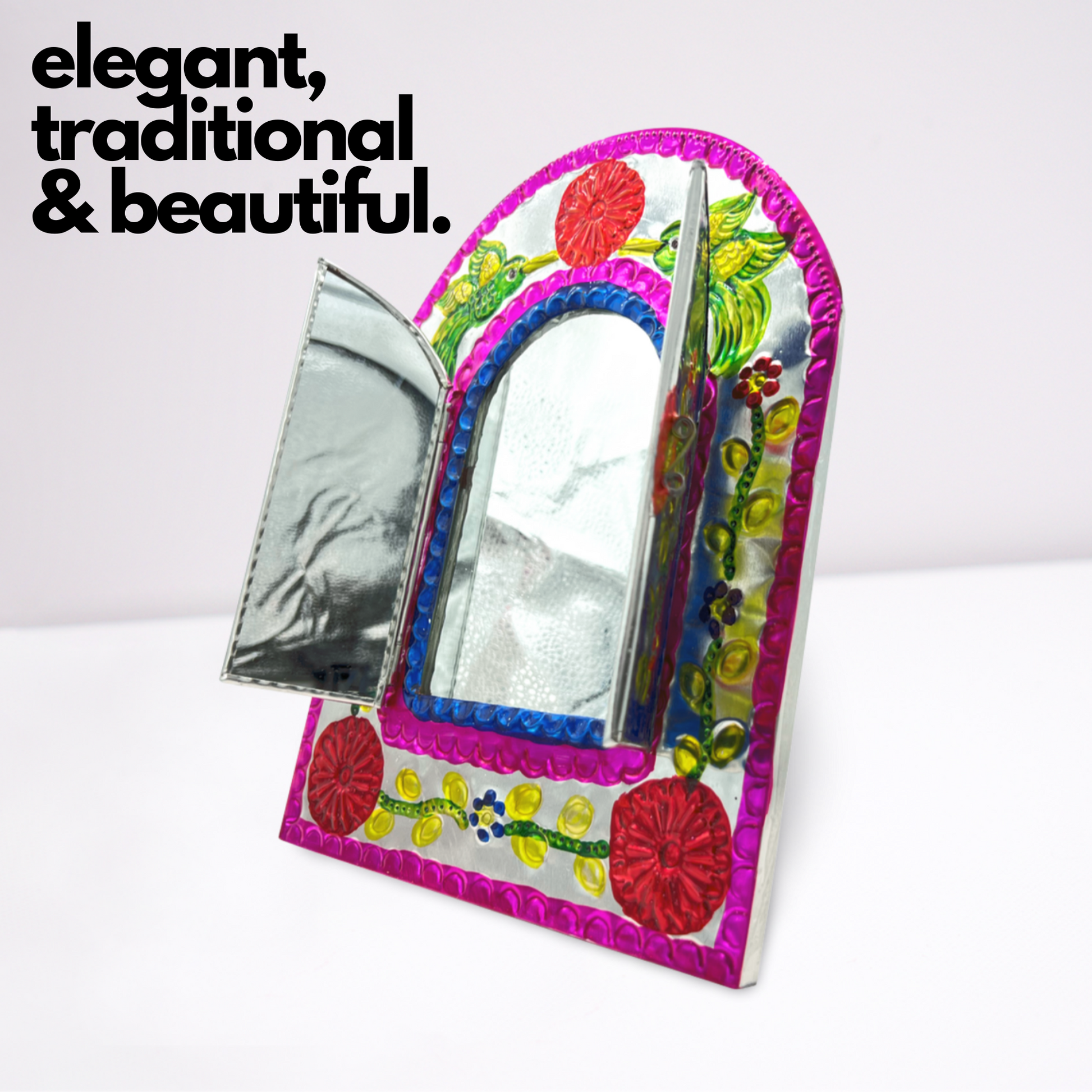 opened Handcrafted Embossed Tin Mirror, authentic Mexican folk art, perfect to add elegance and charm to any room.