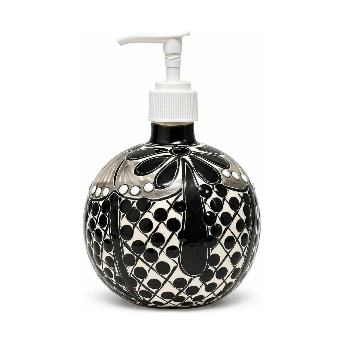 Black & White Talavera, Style Soap Dispenser, Round — front view