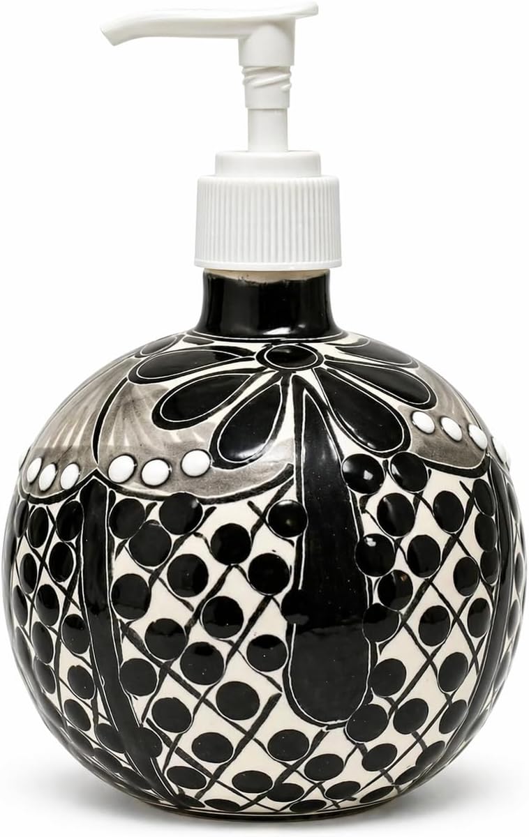 Black & White Talavera, Style Soap Dispenser, Round — front view