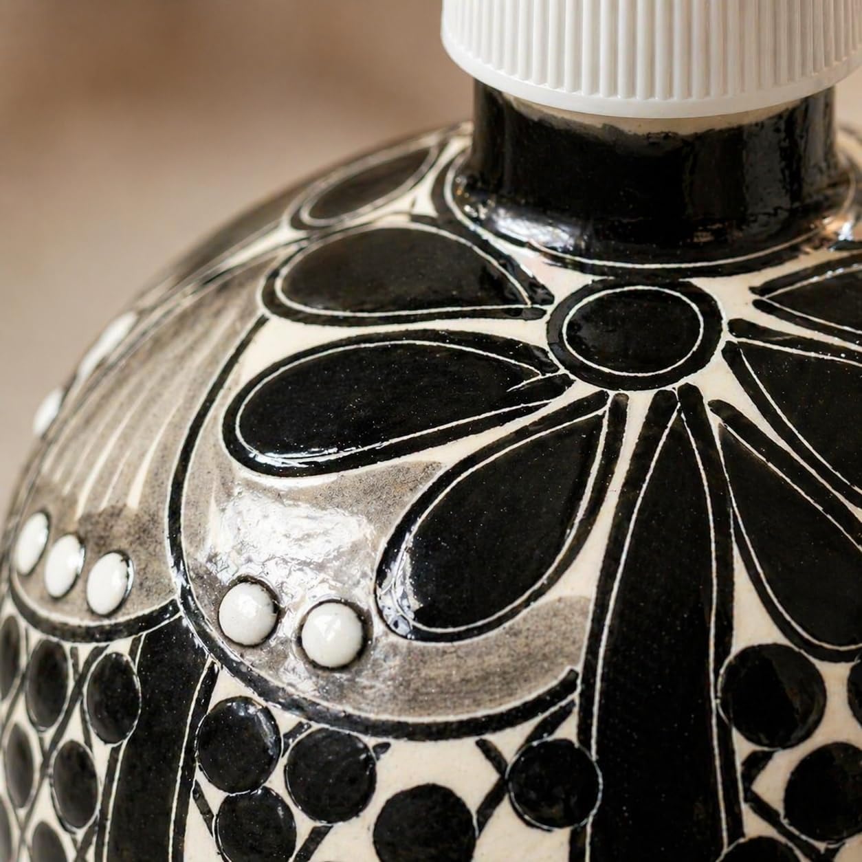 Black & White Talavera, Style Soap Dispenser, Round — side view