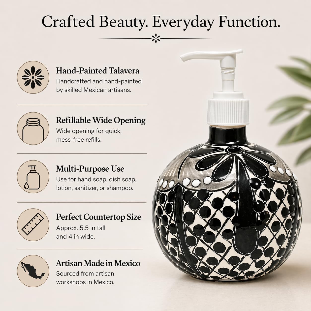 Black & White Talavera, Style Soap Dispenser, Round — detail of the hand-painted pattern
