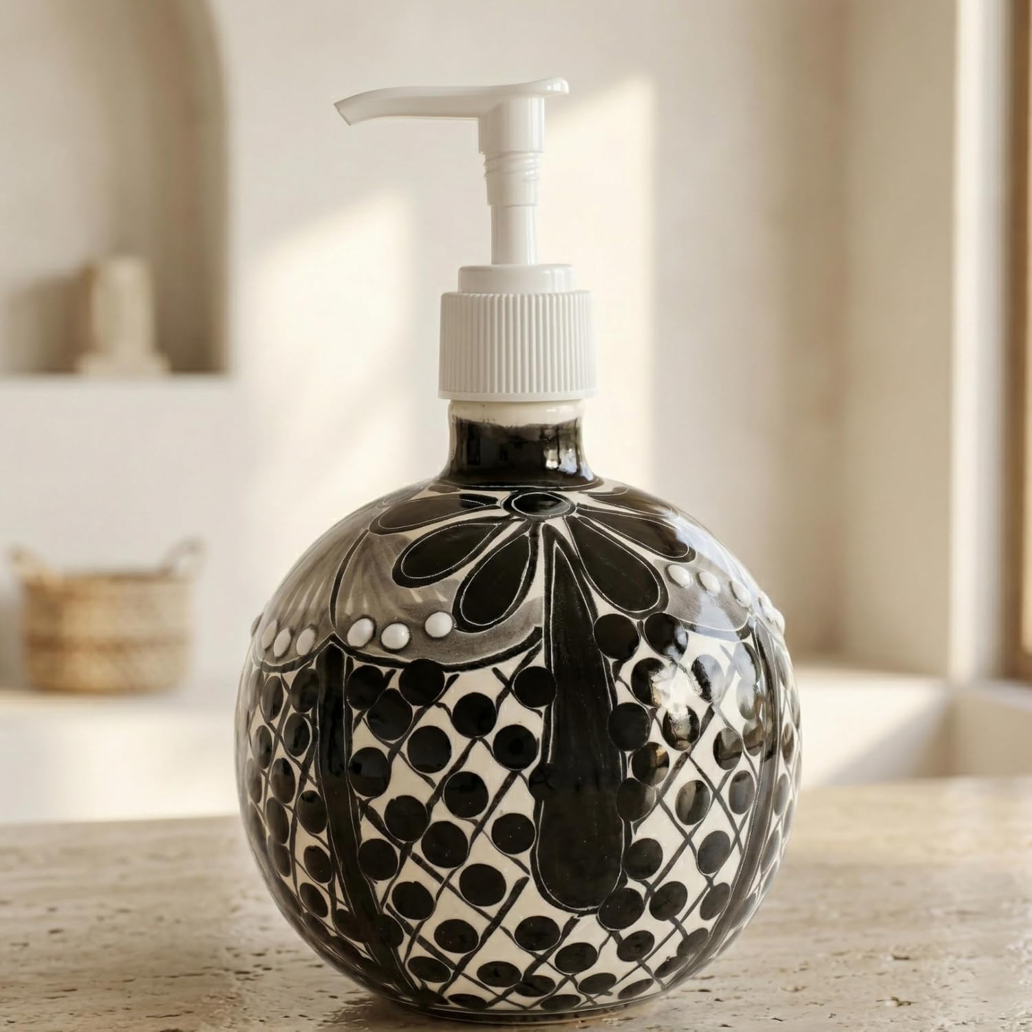 Black & White Talavera, Style Soap Dispenser, Round — top view