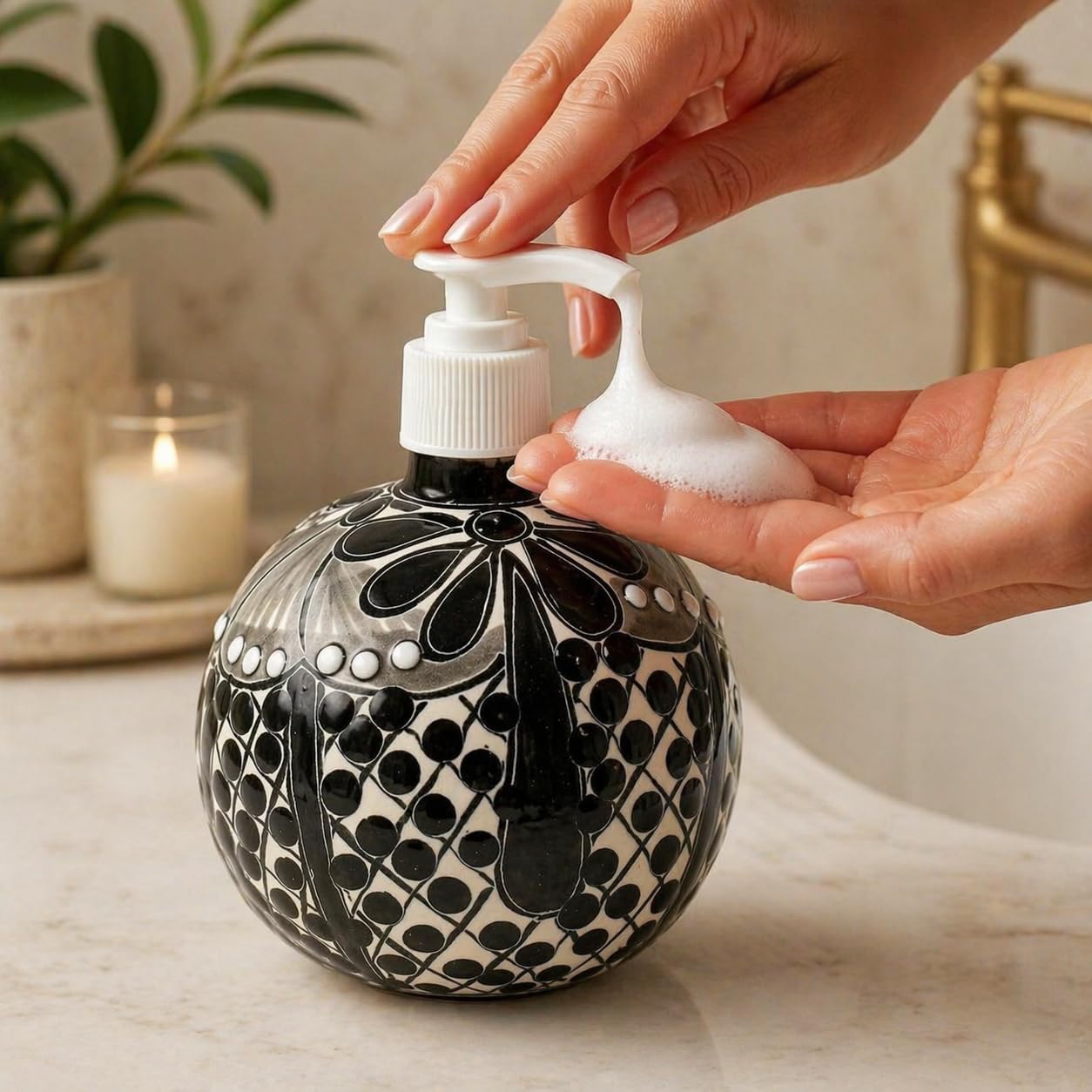 Black & White Talavera, Style Soap Dispenser, Round — angled view