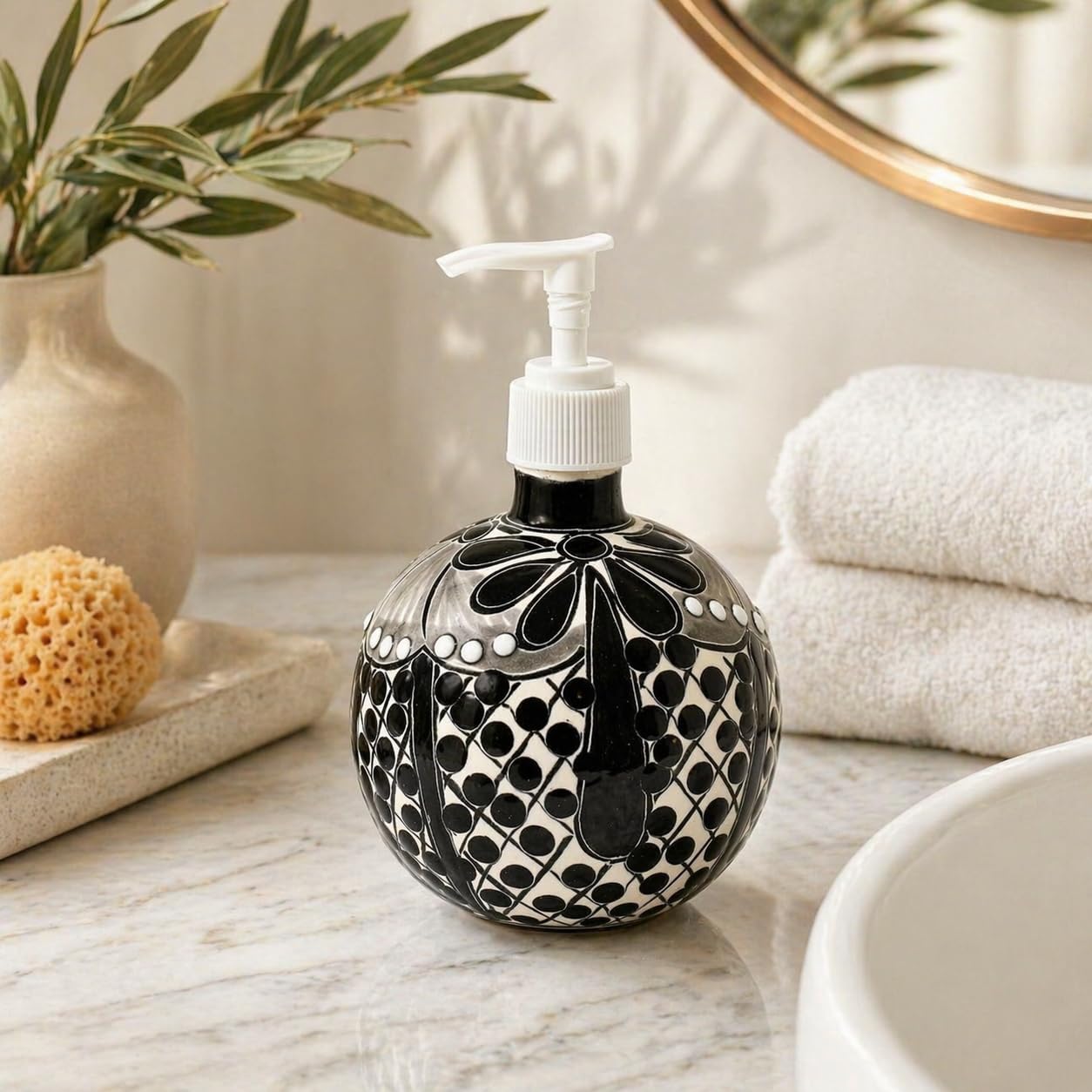 Black & White Talavera, Style Soap Dispenser, Round — alternate angle