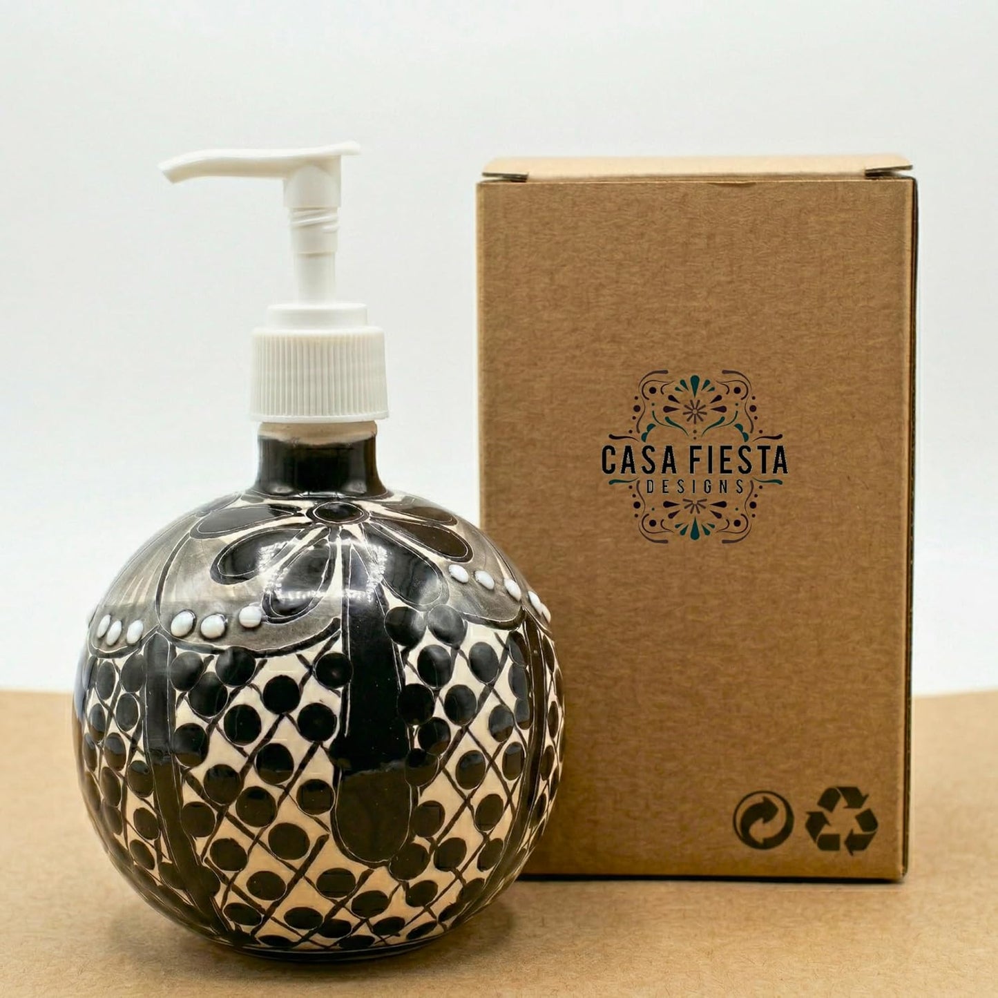Black & White Talavera, Style Soap Dispenser, Round — close-up