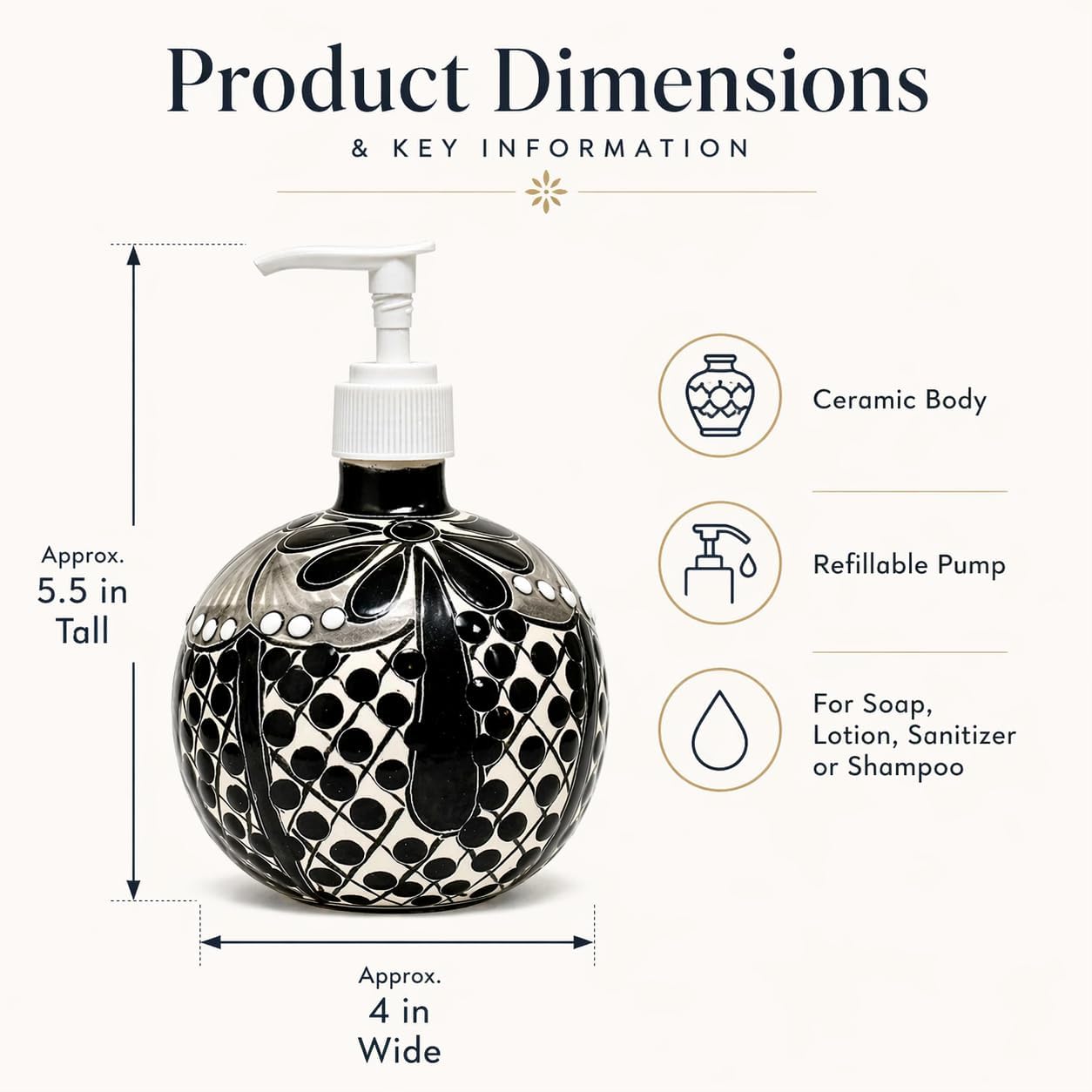 Black & White Talavera, Style Soap Dispenser, Round — shown in use