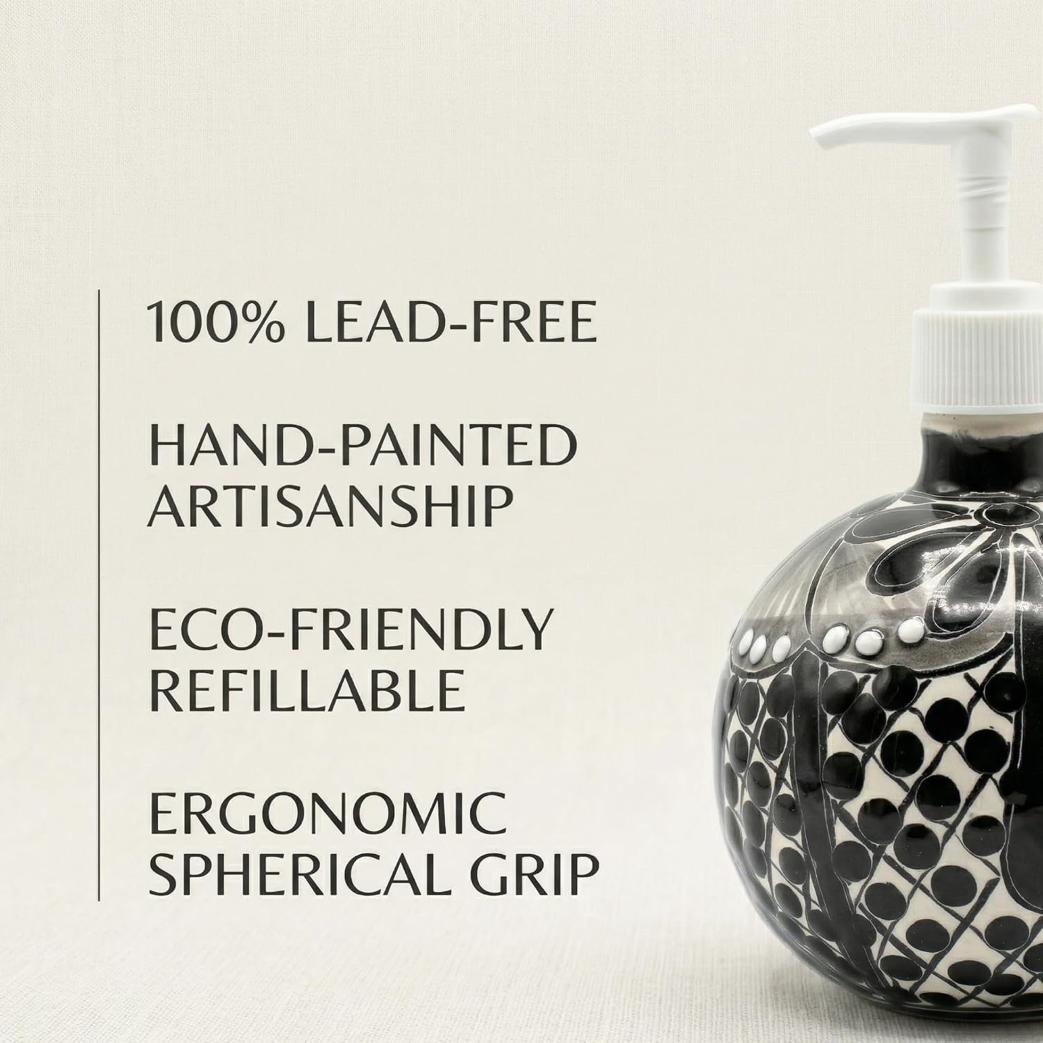Black & White Talavera, Style Soap Dispenser, Round — scale reference