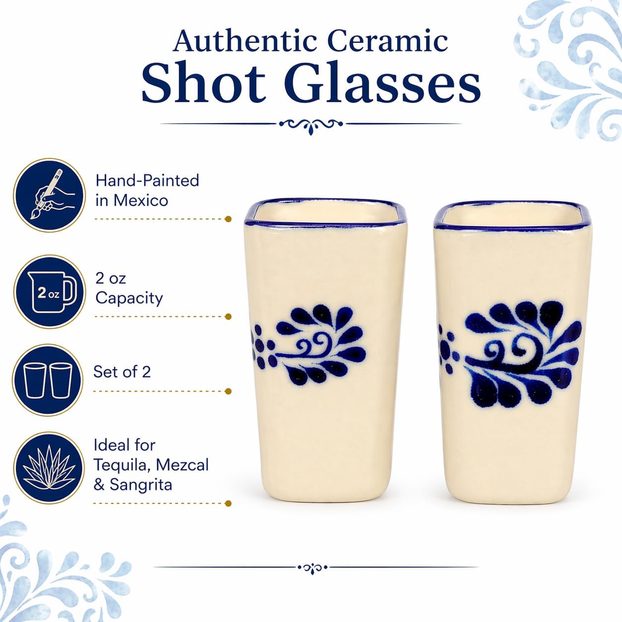 Mexican Square Shot Glasses, Set of 2 — detail of the hand-painted pattern