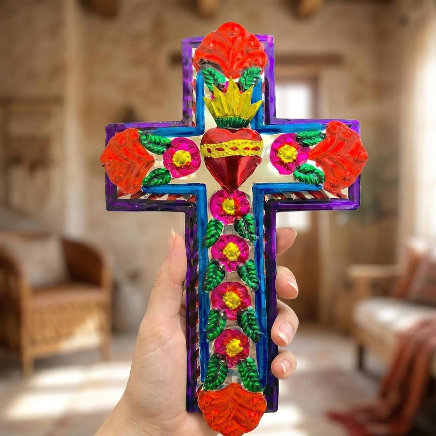 Embossed Tin Cross, Large — detail of the hand-painted pattern