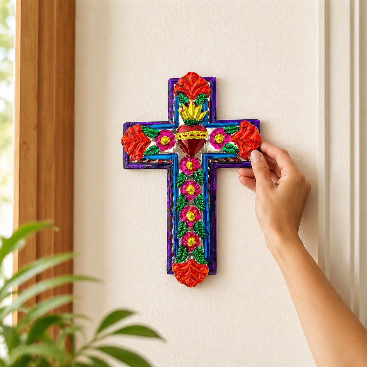 Embossed Tin Cross, Large — angled view