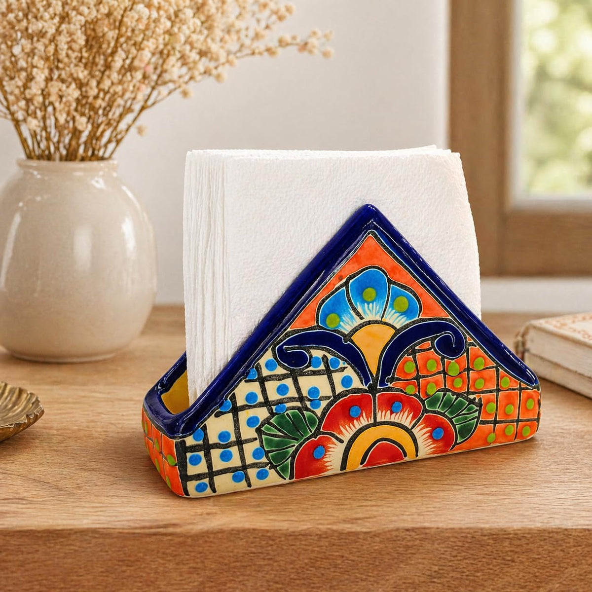 Colorful Talavera-style Mexican ceramic napkin holder, hand-painted in Mexico — front view