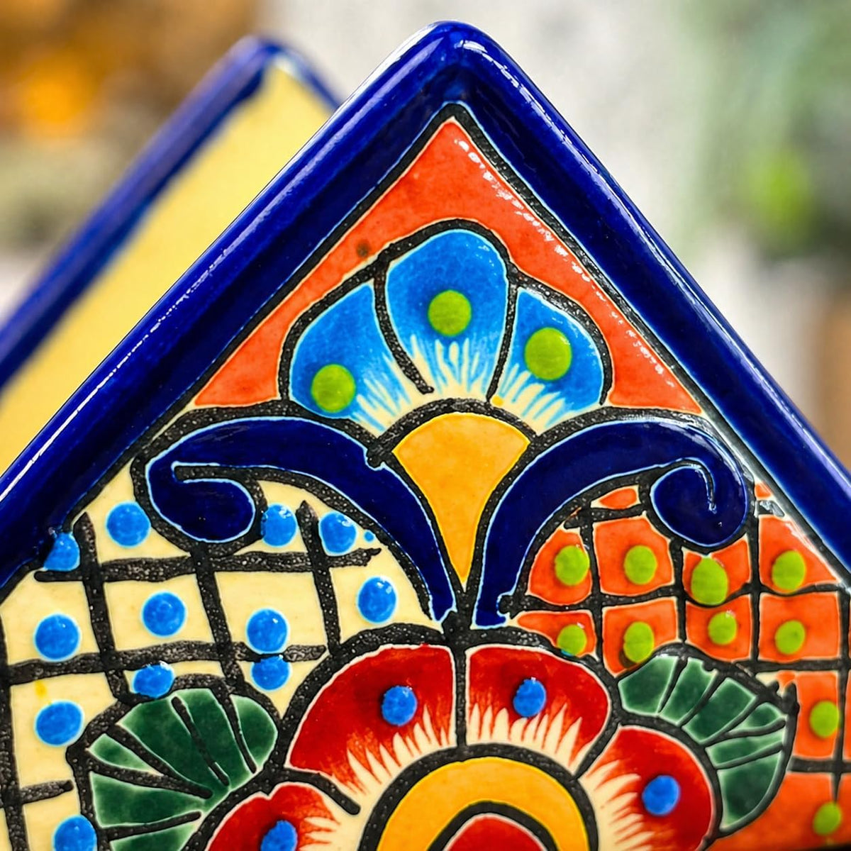 Colorful Talavera-style Mexican ceramic napkin holder, hand-painted in Mexico — side view