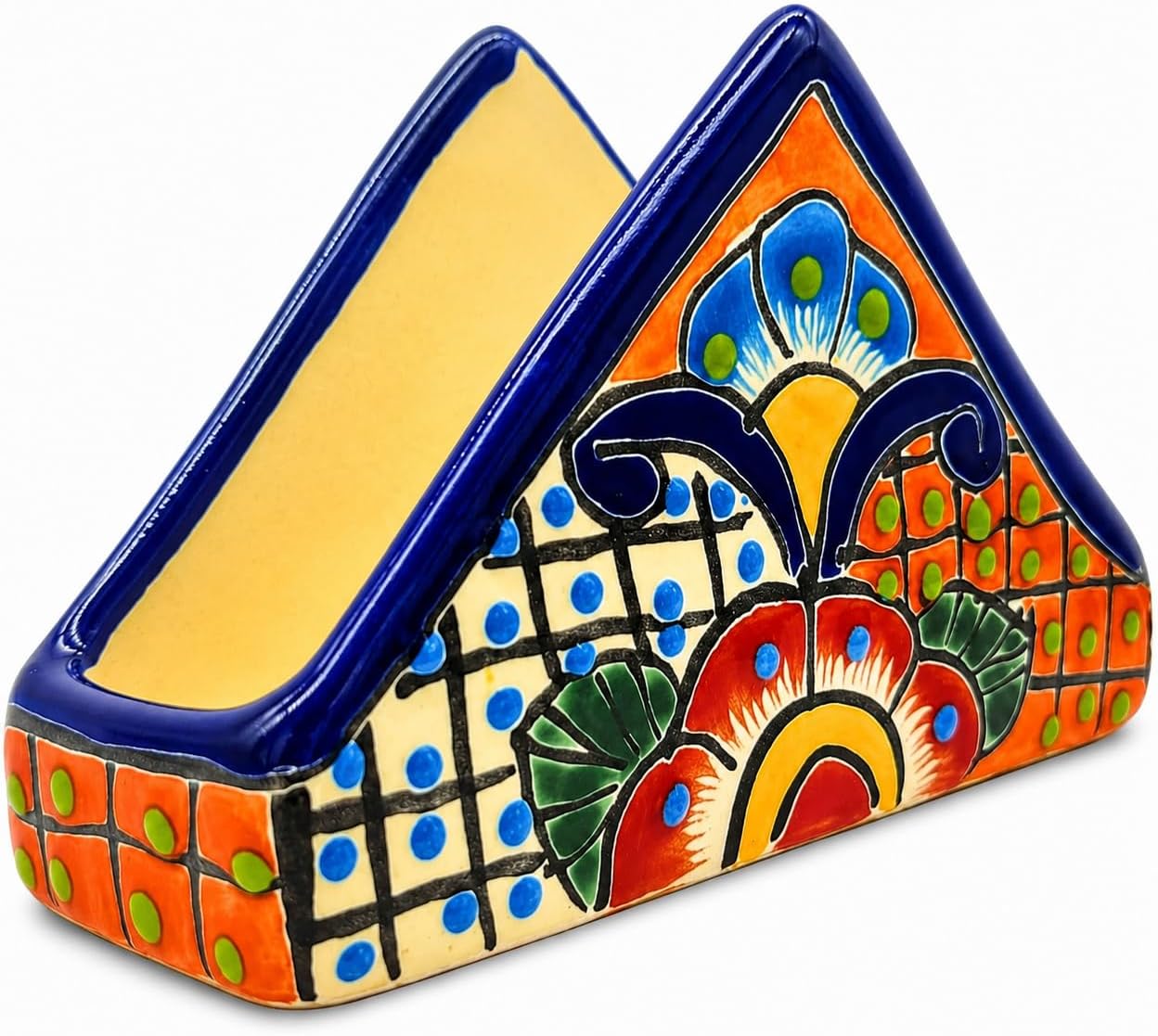 Colorful Talavera-style Mexican ceramic napkin holder, hand-painted in Mexico — angled view showing the open slot