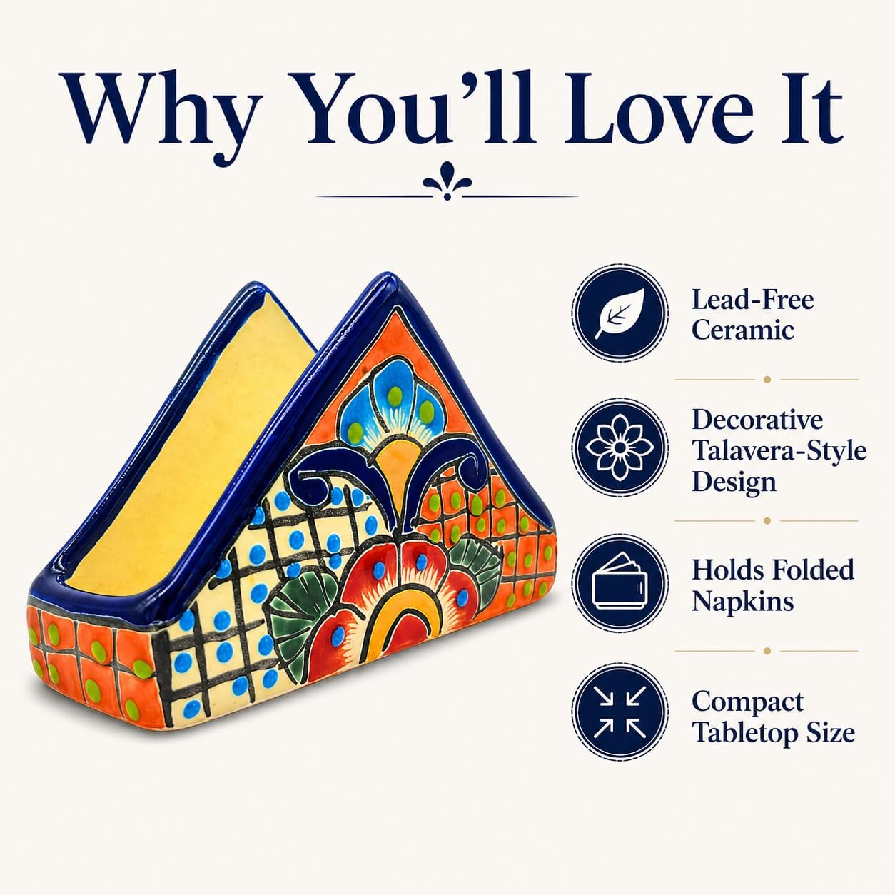 Colorful Talavera-style Mexican ceramic napkin holder, hand-painted in Mexico — top view