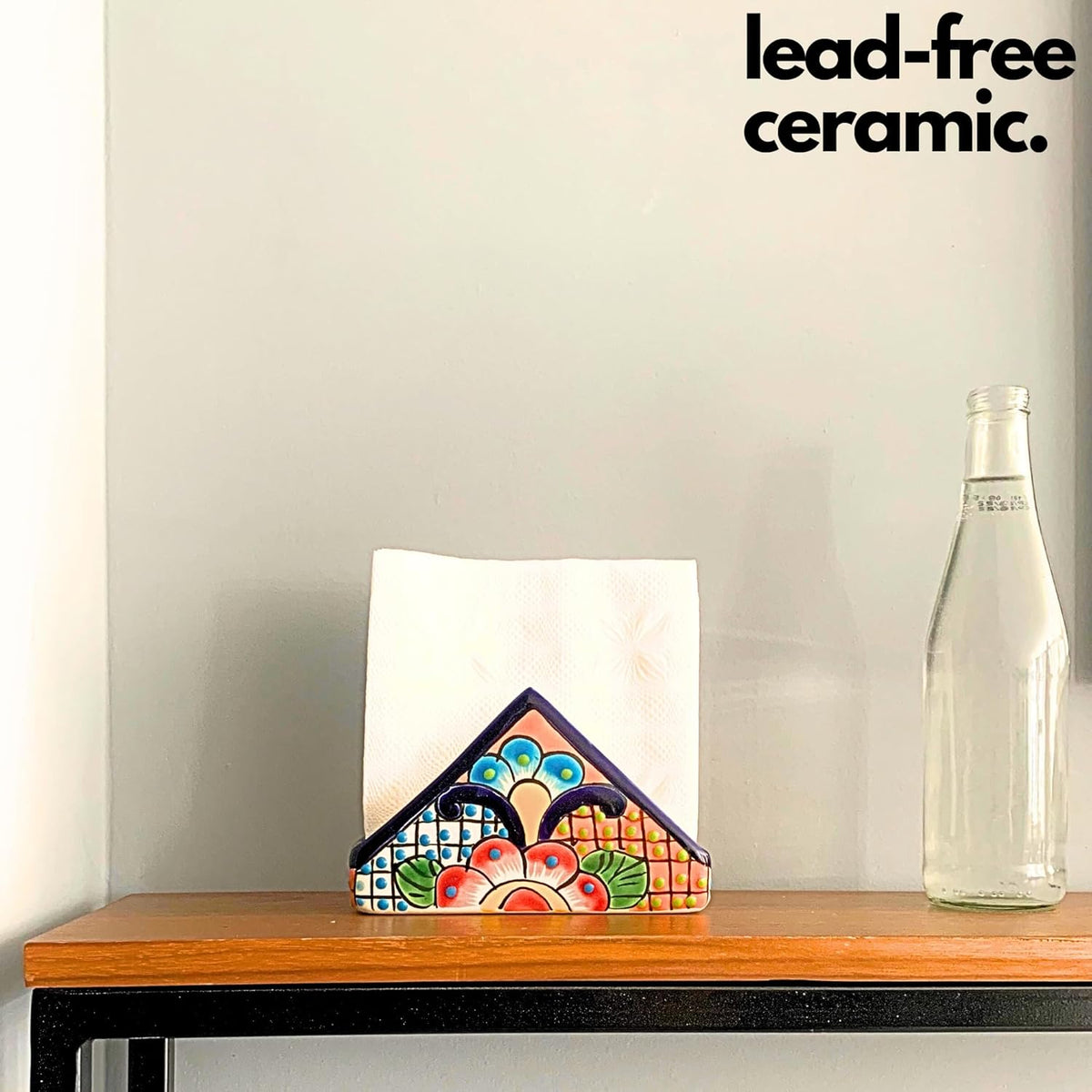 Colorful Talavera-style Mexican ceramic napkin holder, hand-painted in Mexico — angled view