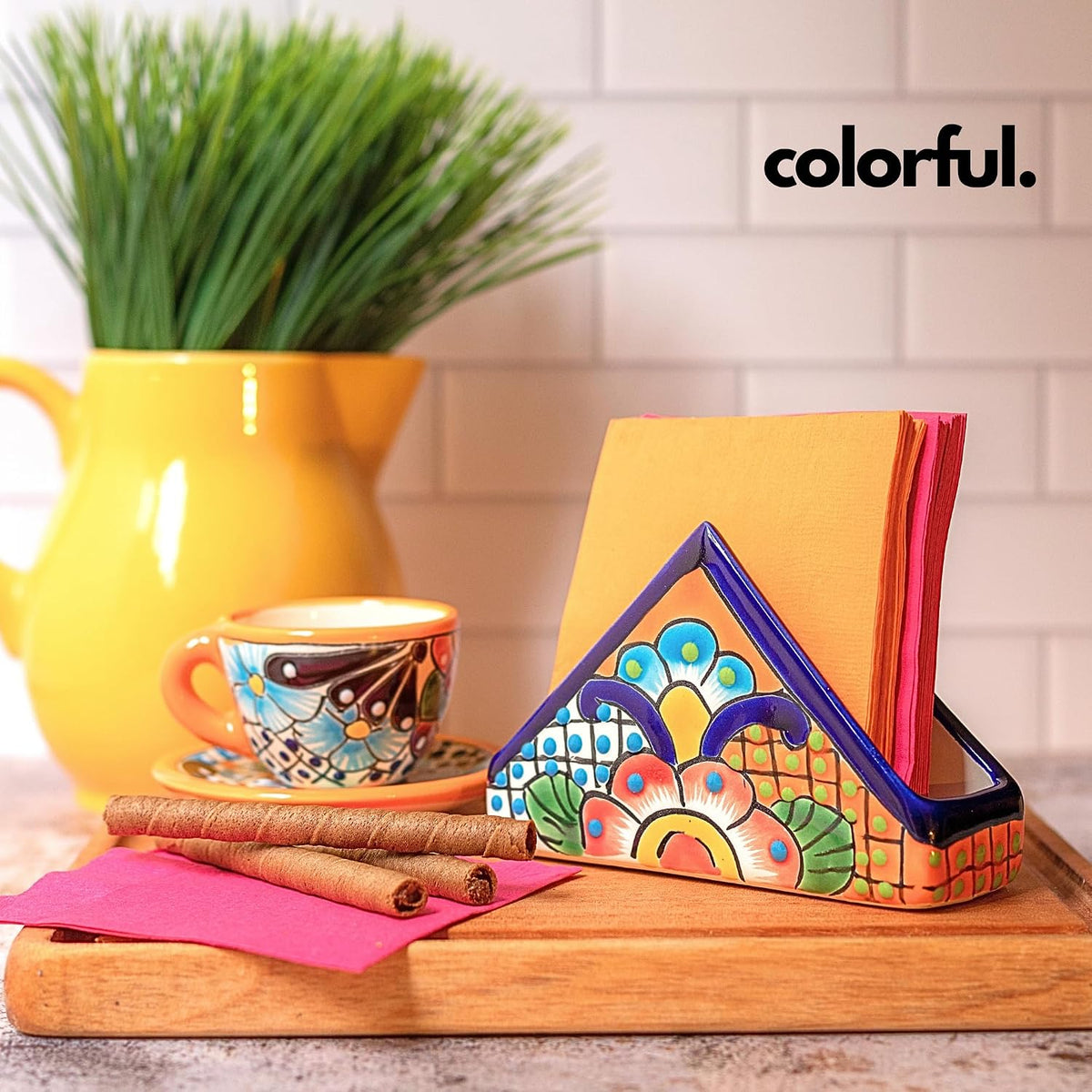 Colorful Talavera-style Mexican ceramic napkin holder, hand-painted in Mexico — close-up
