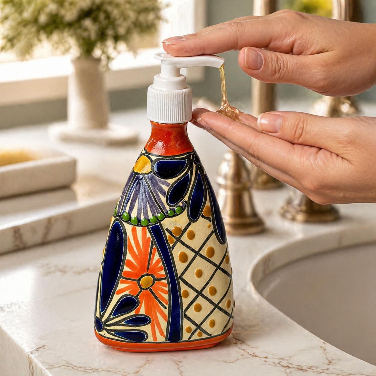 Pyramid Soap Dispenser, Multicolor — shown in use