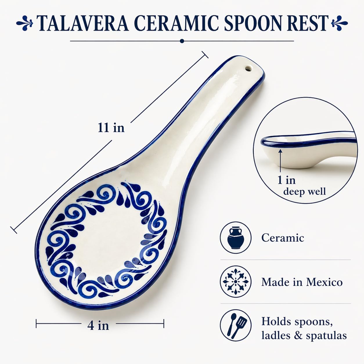 White Talavera, Style Mexican Spoon Rest — side view