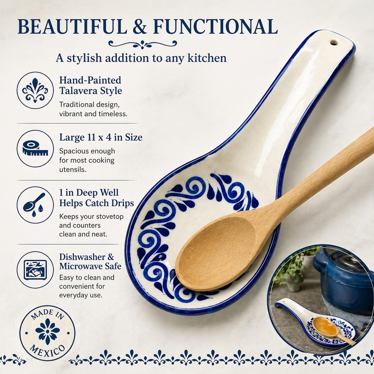White Talavera, Style Mexican Spoon Rest — top view