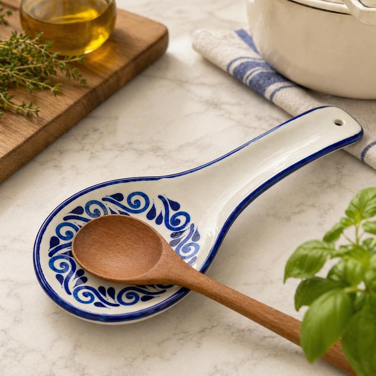White Talavera, Style Mexican Spoon Rest — angled view