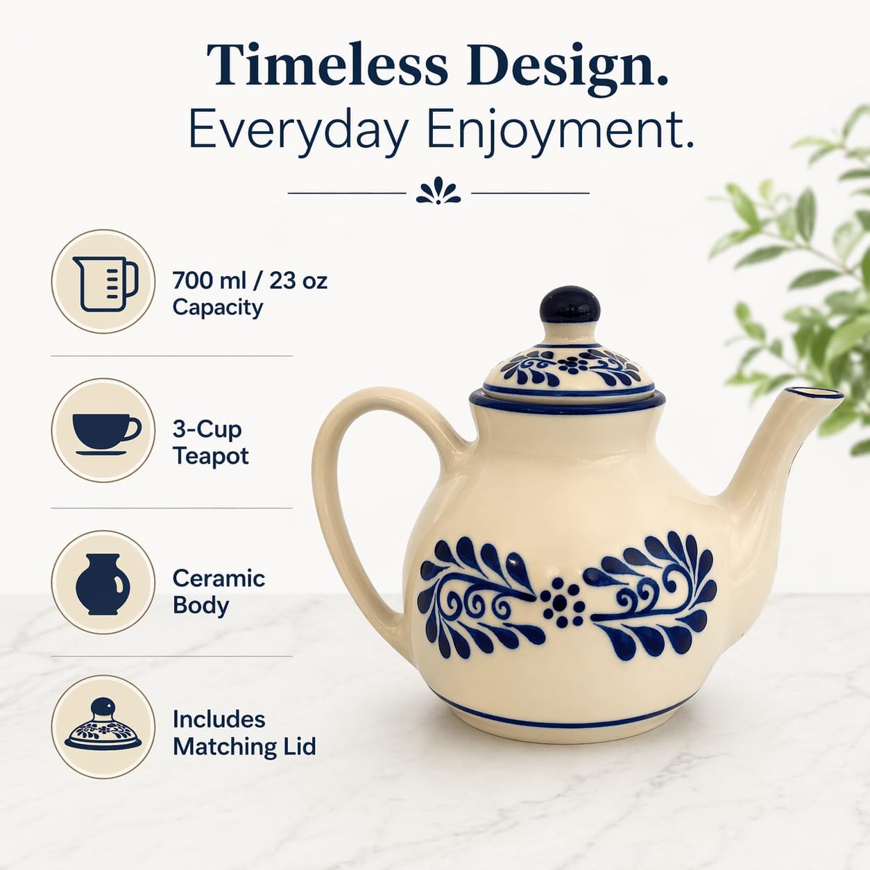 White Talavera, Style Mexican Teapot, 23 oz — side view