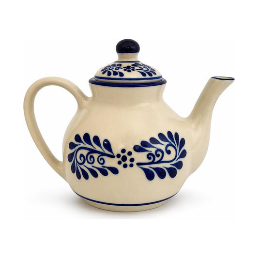 White Talavera, Style Mexican Teapot, 23 oz — detail of the hand-painted pattern