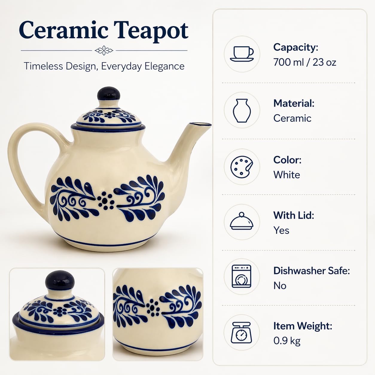 White Talavera, Style Mexican Teapot, 23 oz — top view