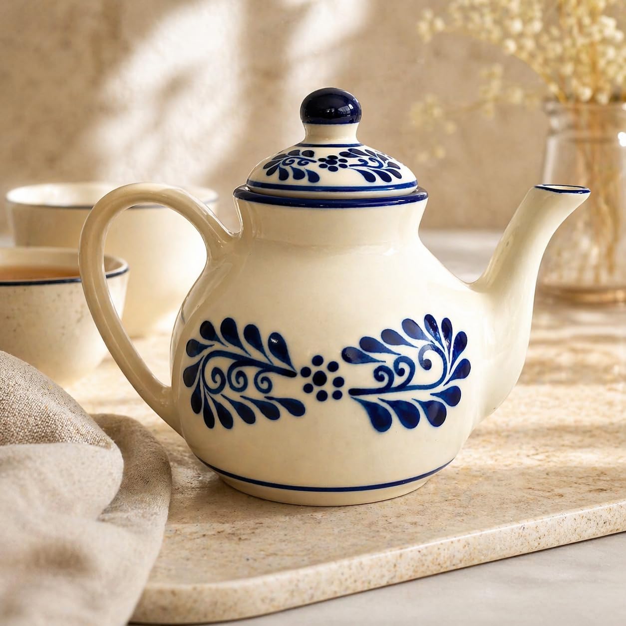 White Talavera, Style Mexican Teapot, 23 oz — angled view