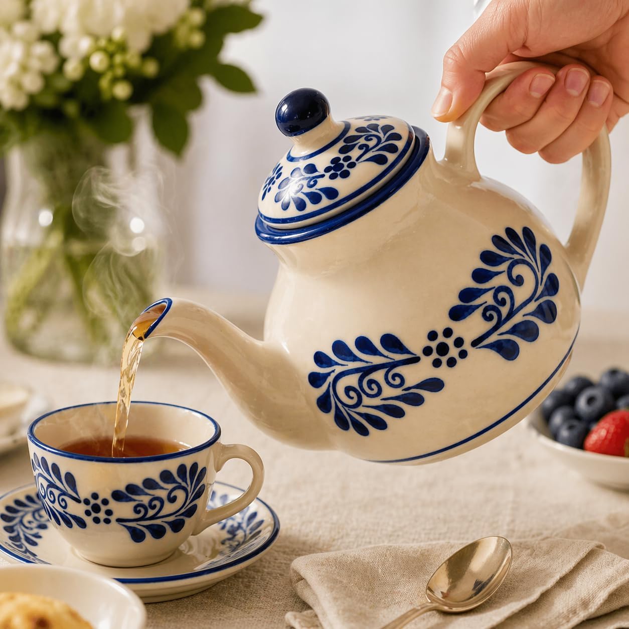 White Talavera, Style Mexican Teapot, 23 oz — alternate angle