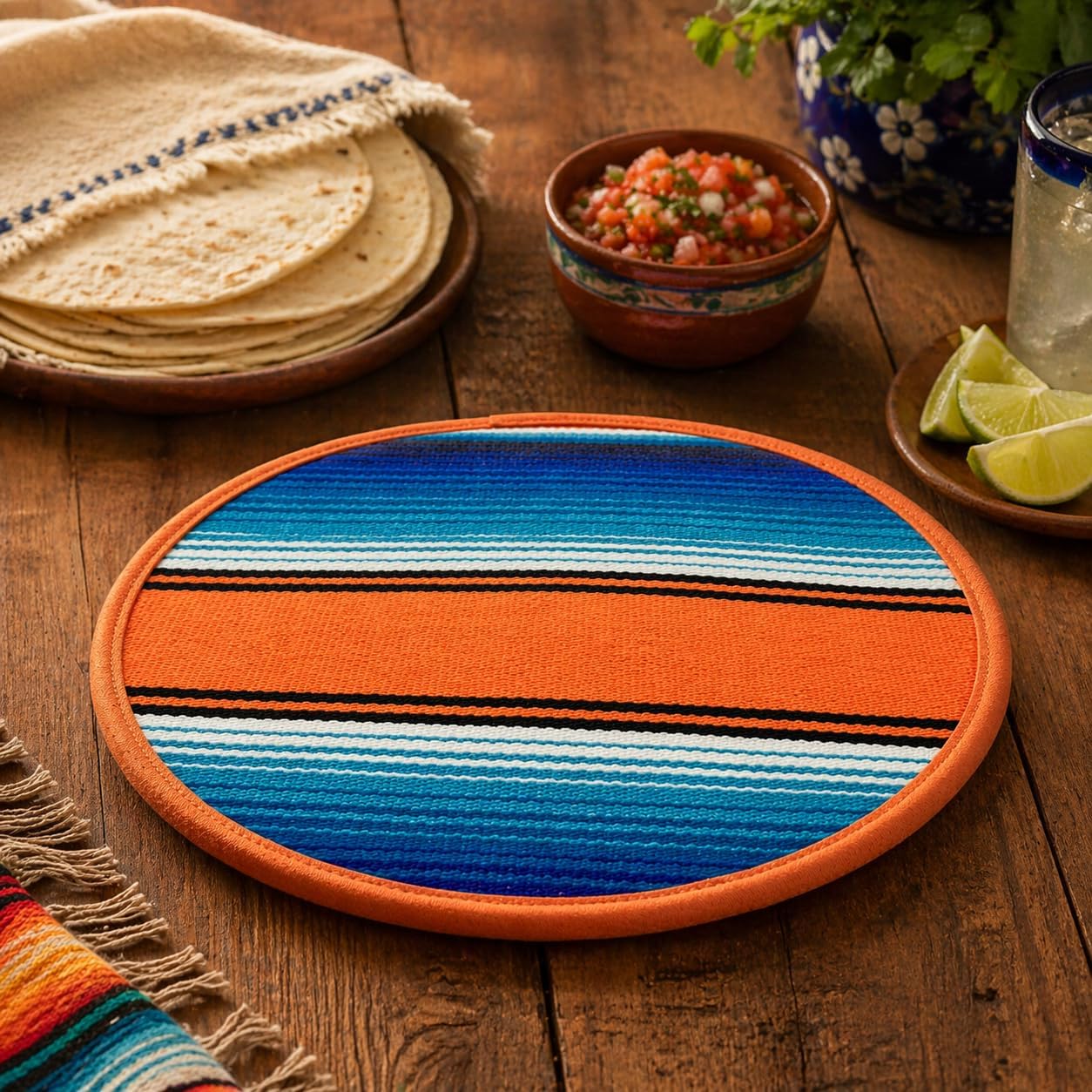 Mexican Cloth Tortilla Warmer, orange sarape — shown with tortillas