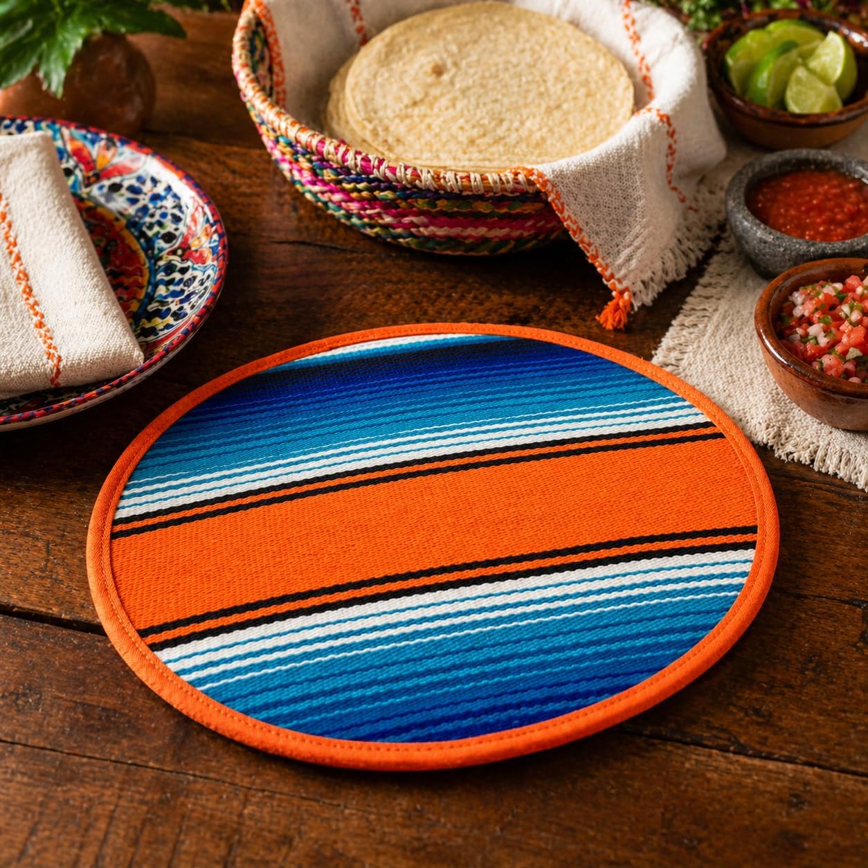 Mexican Cloth Tortilla Warmer, orange sarape — detail of the woven sarape stripes