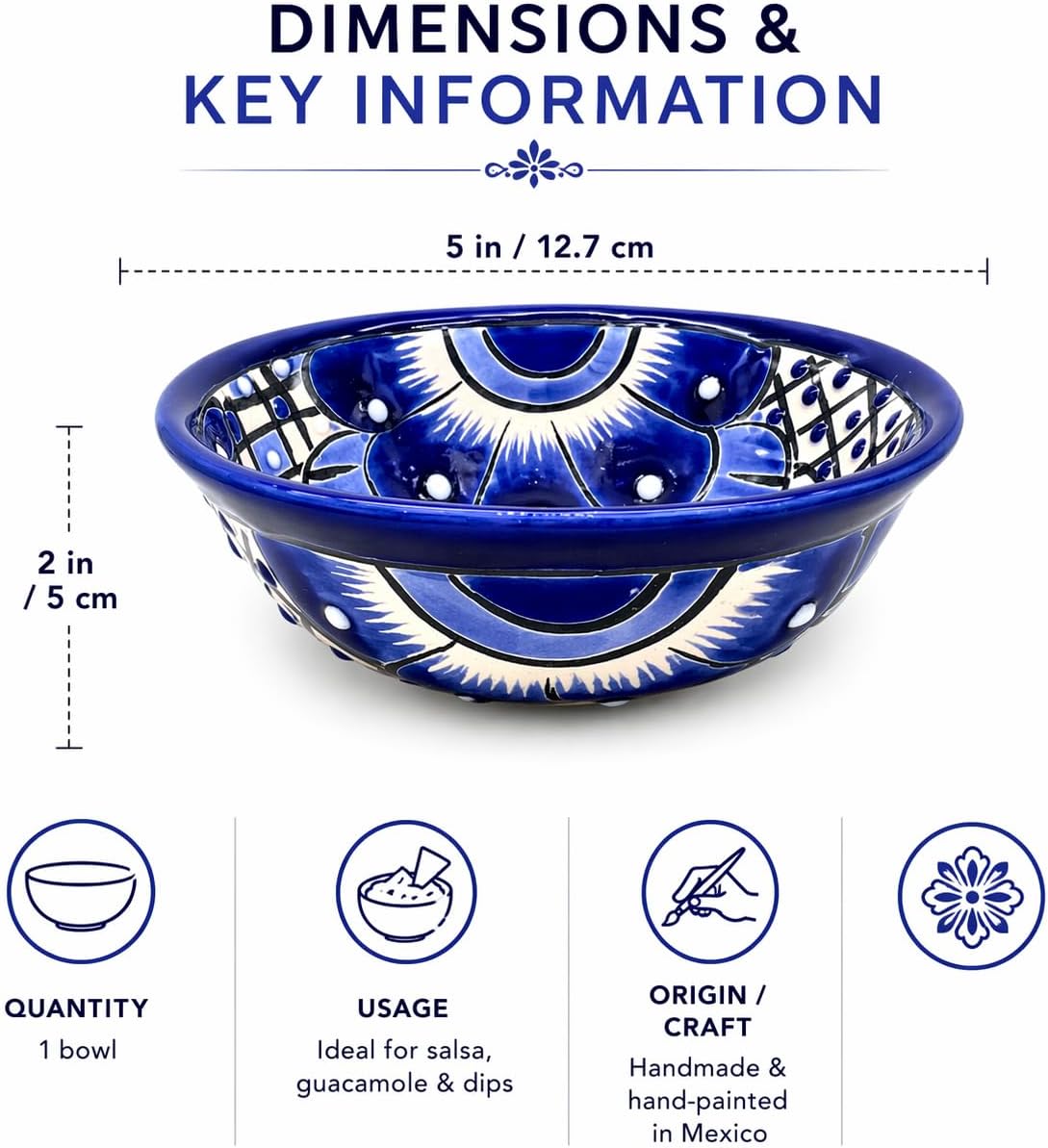 Blue and white Talavera-style ceramic salsa bowl, hand-painted in Mexico — detail view
