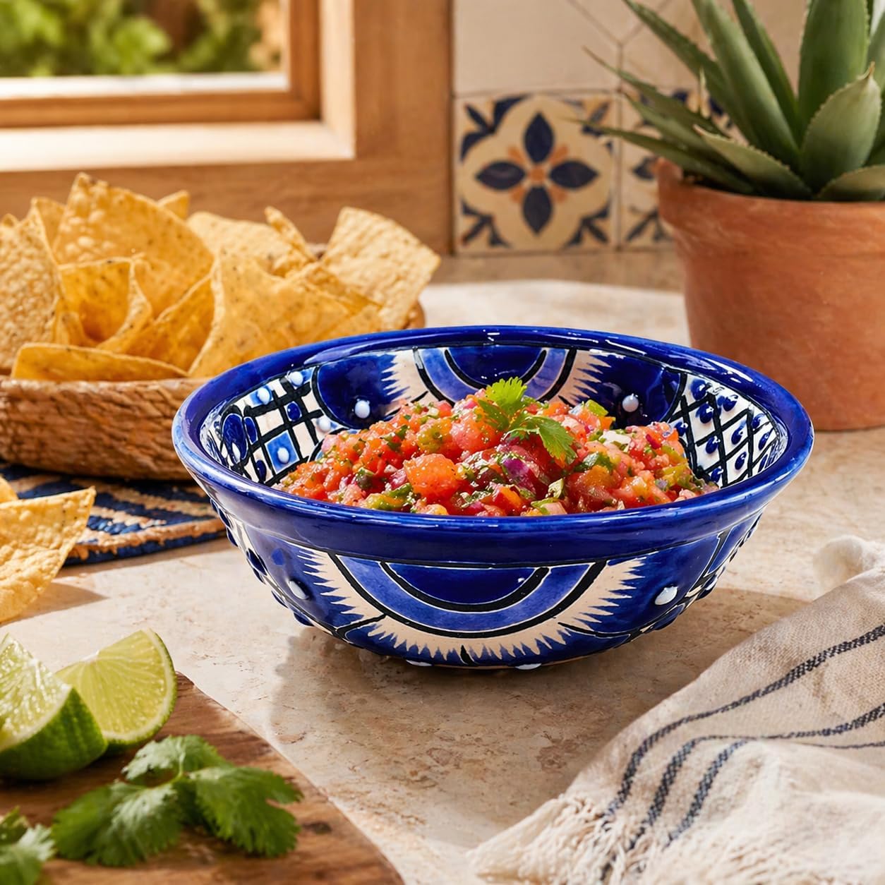 Blue and white Talavera-style ceramic salsa bowl, hand-painted in Mexico — top view