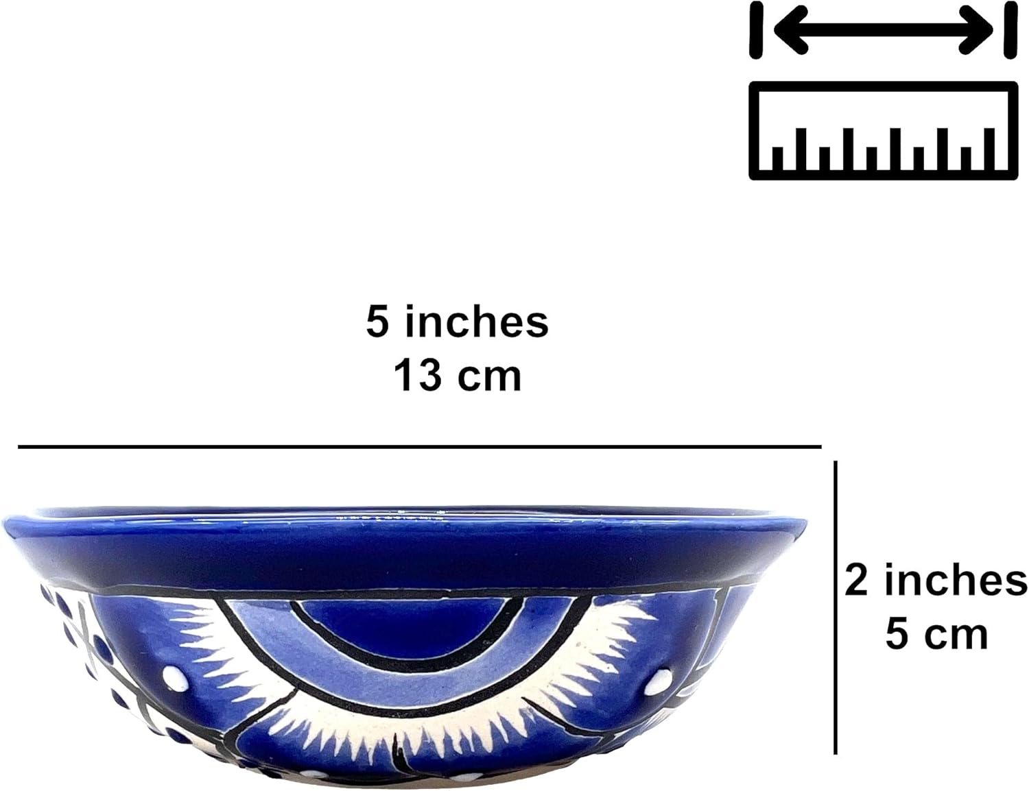 Blue and white Talavera-style ceramic salsa bowl, hand-painted in Mexico — size guide: 5 inches wide by 2 inches tall