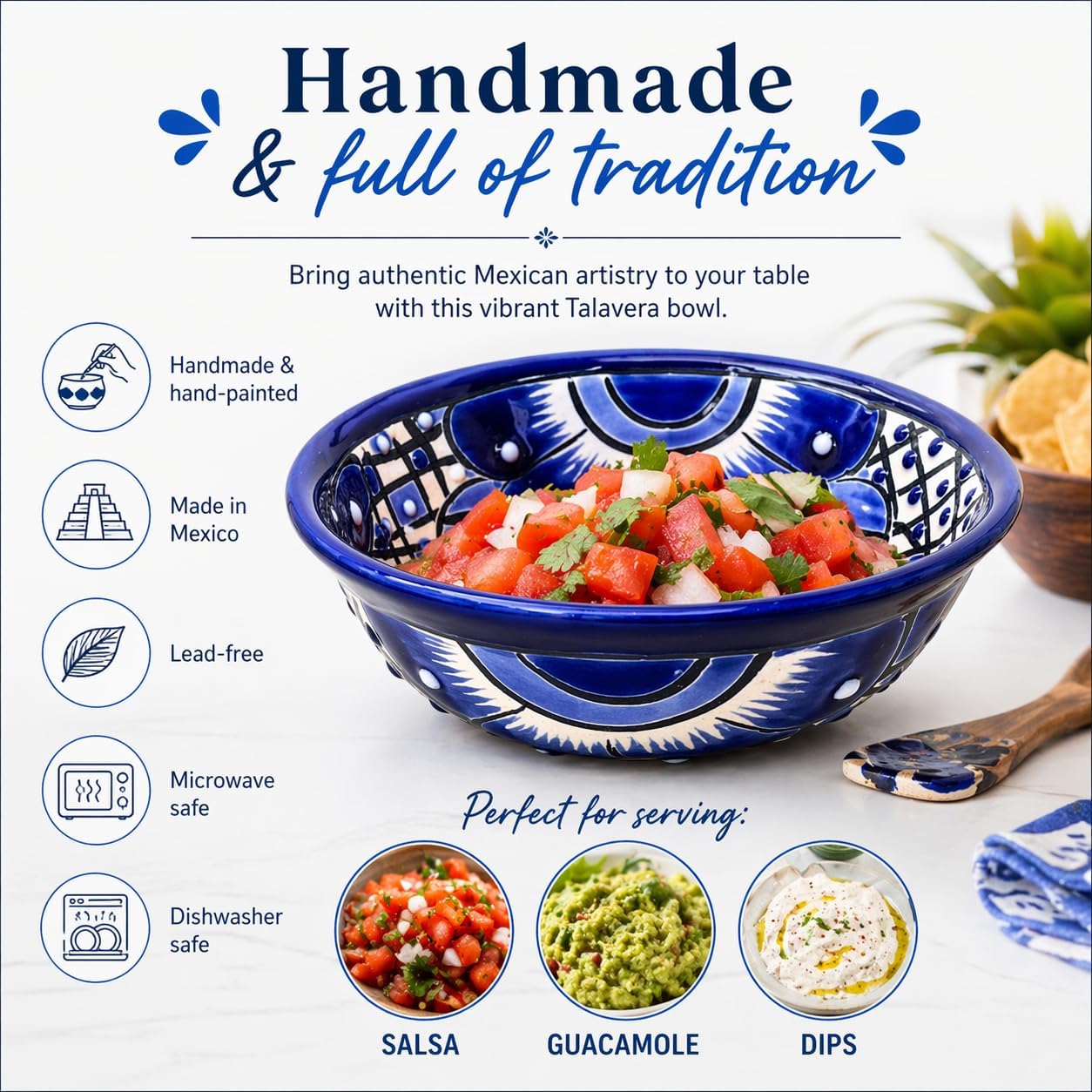 Blue and white Talavera-style ceramic salsa bowl, hand-painted in Mexico — another angle