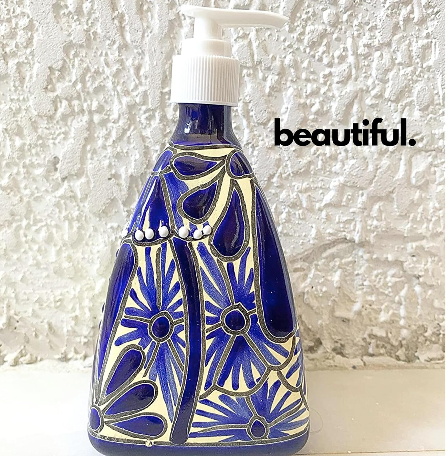 Ceramic Soap and Lotion Dispenser, Blue and White — side view