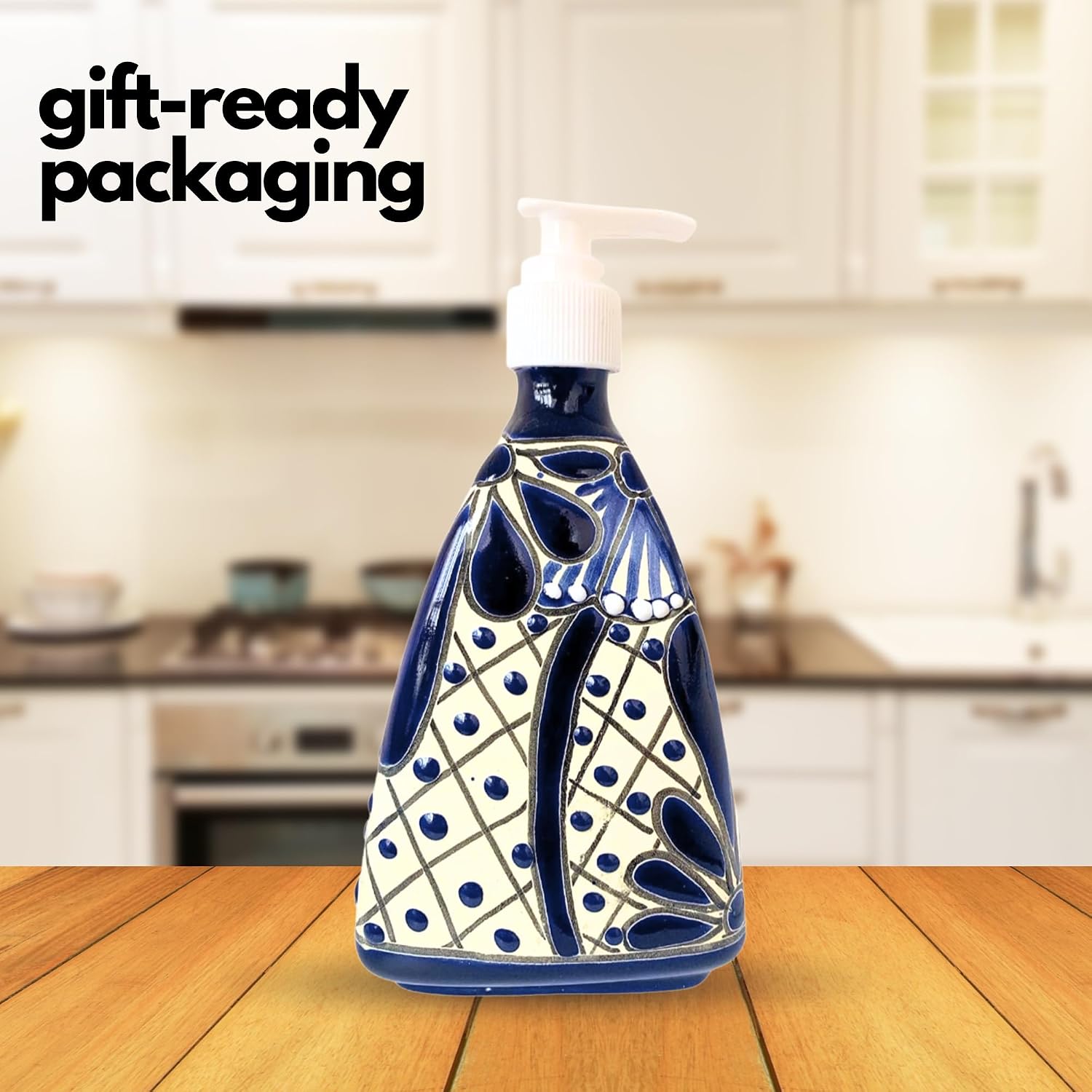 Ceramic Soap and Lotion Dispenser, Blue and White — top view